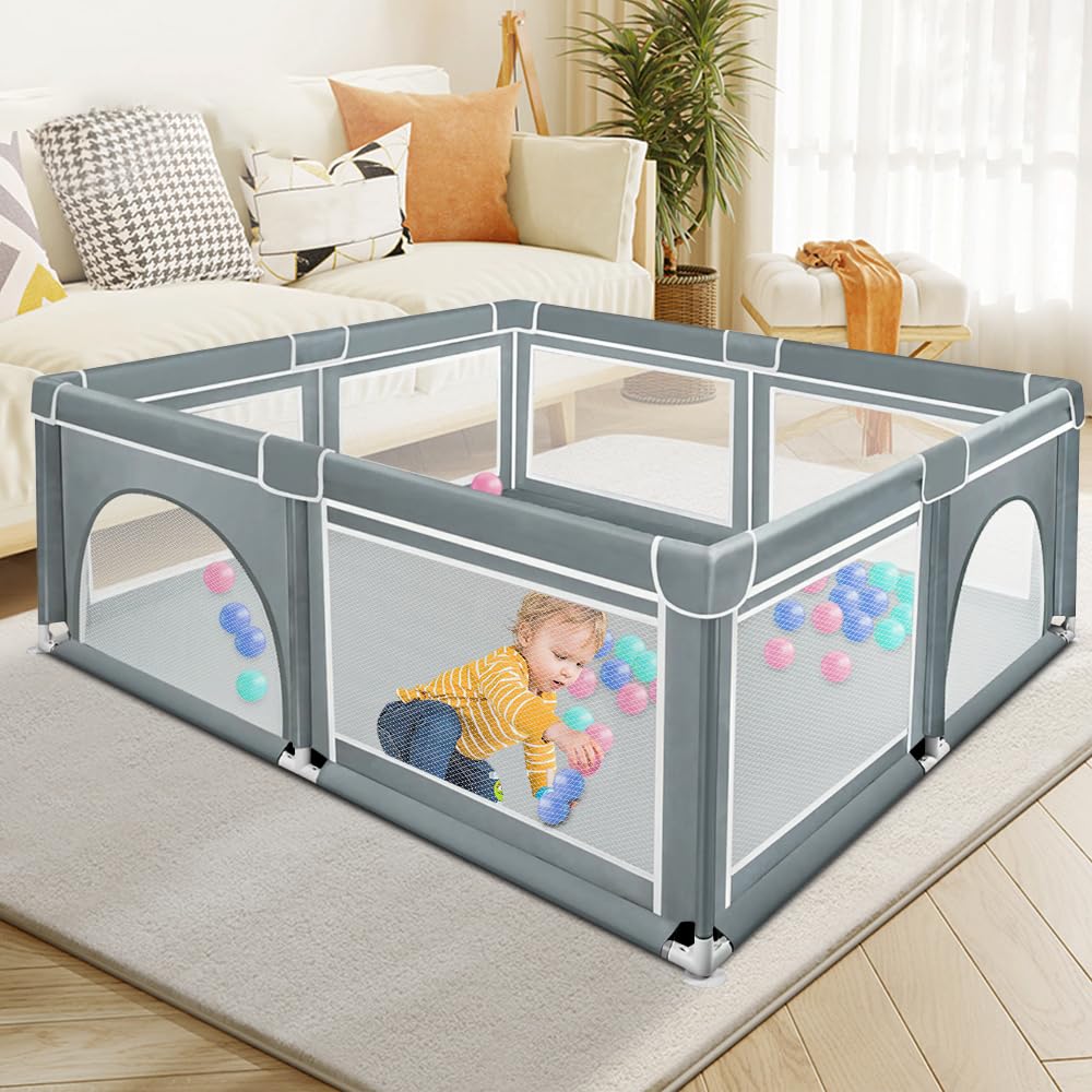 Homewell Parco per bambini sicuro, 180 x 150 cm, area giochi mit 2 accesso laterale con cerniera, barriera per bambini, borsa per il trasporto (grigio scuro)