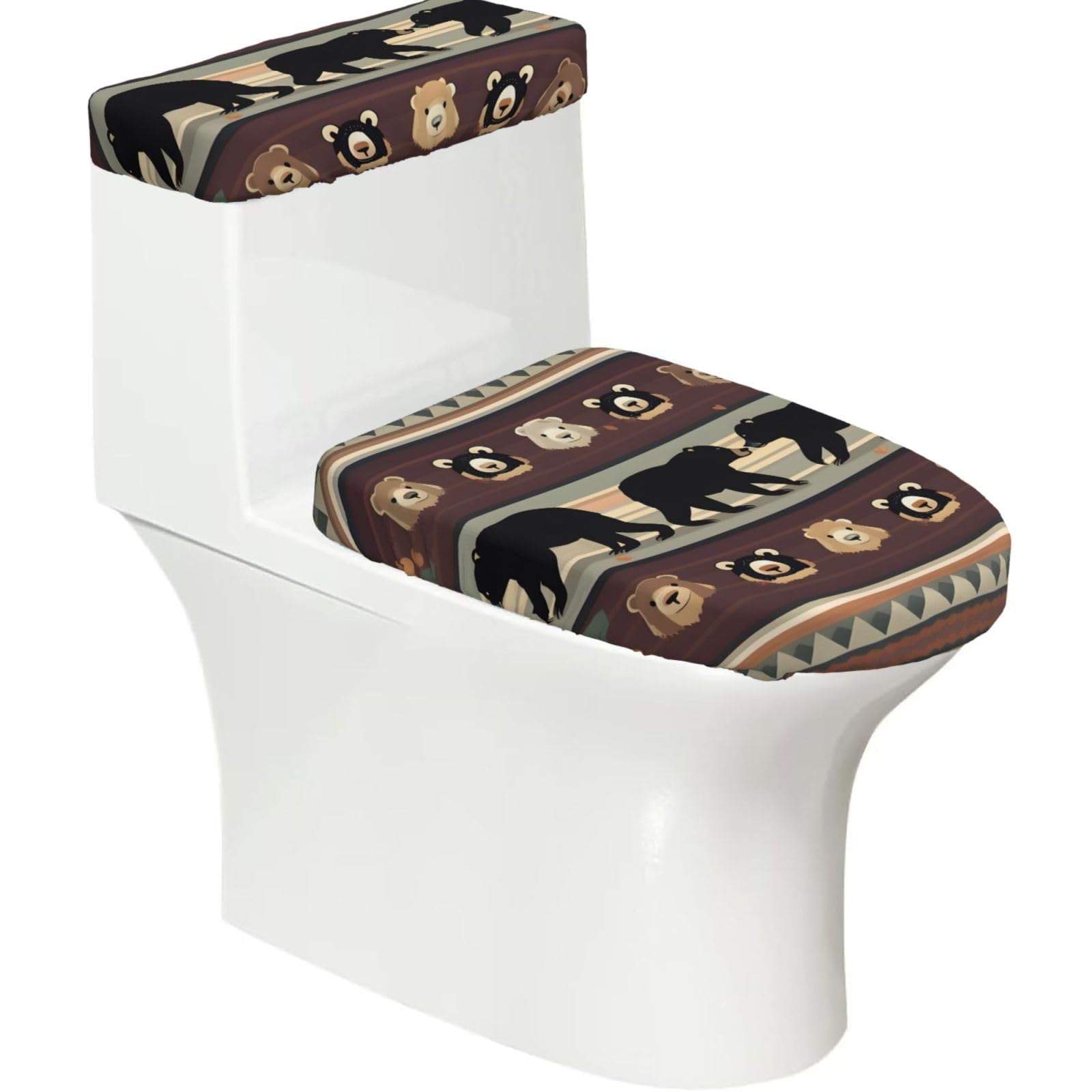 Bear Printed Toilet Tank and Lid Cover Set of 2 for Most Bathrooms, Fits Elongated Round Toilets