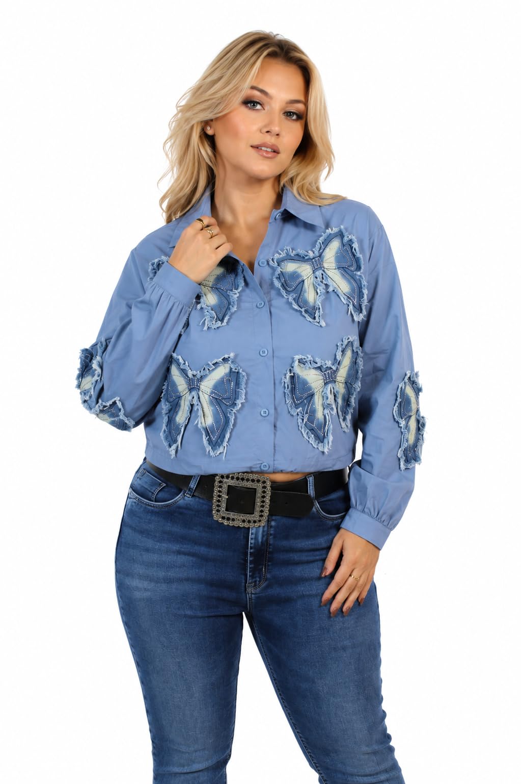 mad love Women's Butterfly Applique Button Down Shirt – Long Sleeve Collared Cotton Blend Fashion Top with Frayed Denim Embroidery, Casual Trendy Blouse for Women-picture-23