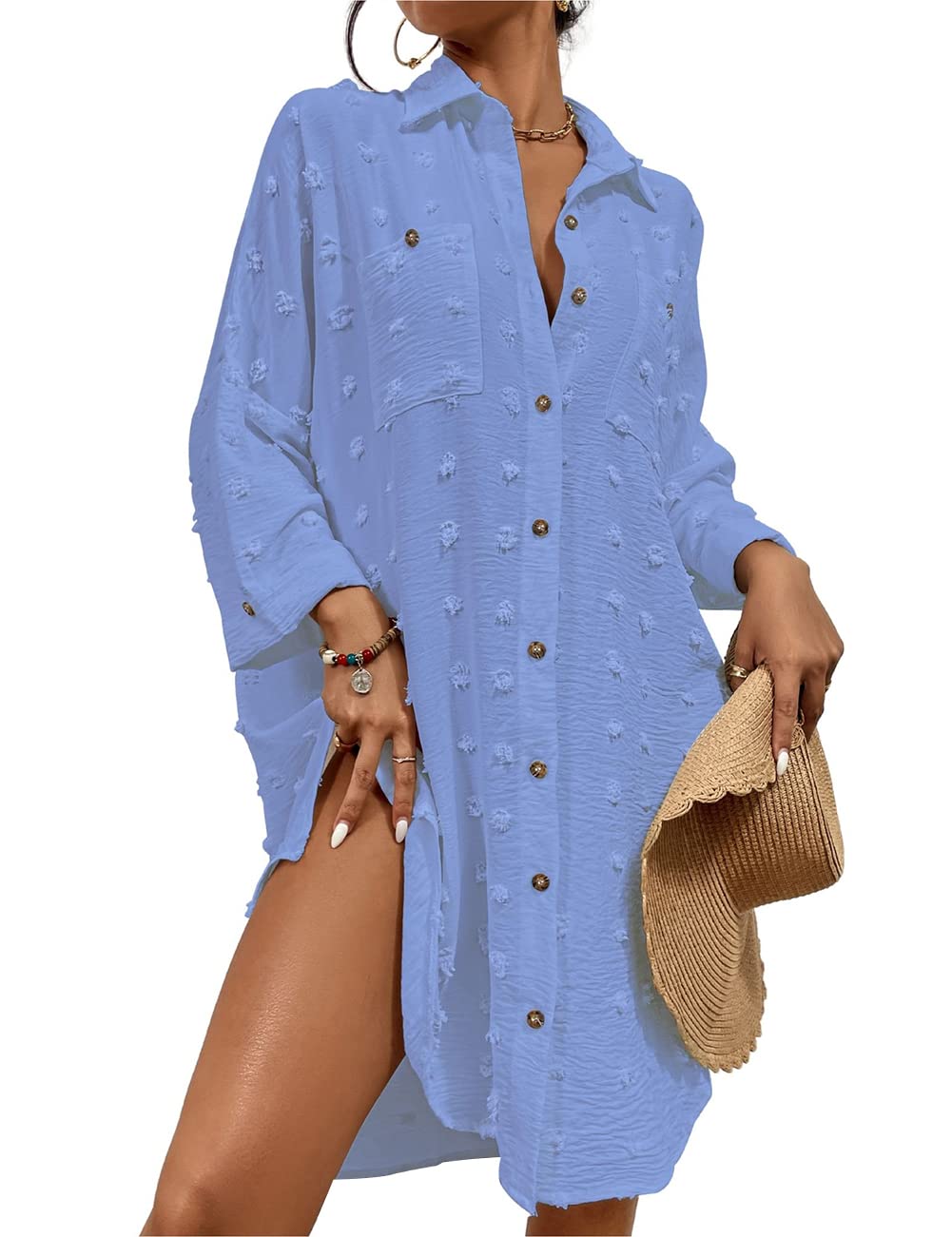 Bsubsach Women’s Button Down Swimsuit Sweatshirt Dress with Ruffled Sleeves – Stylish Beach Shirt Bsubsach Women’s Button Down Swimsuit Sweatshirt Dress with Ruffled Sleeves – Stylish Beach Shirt