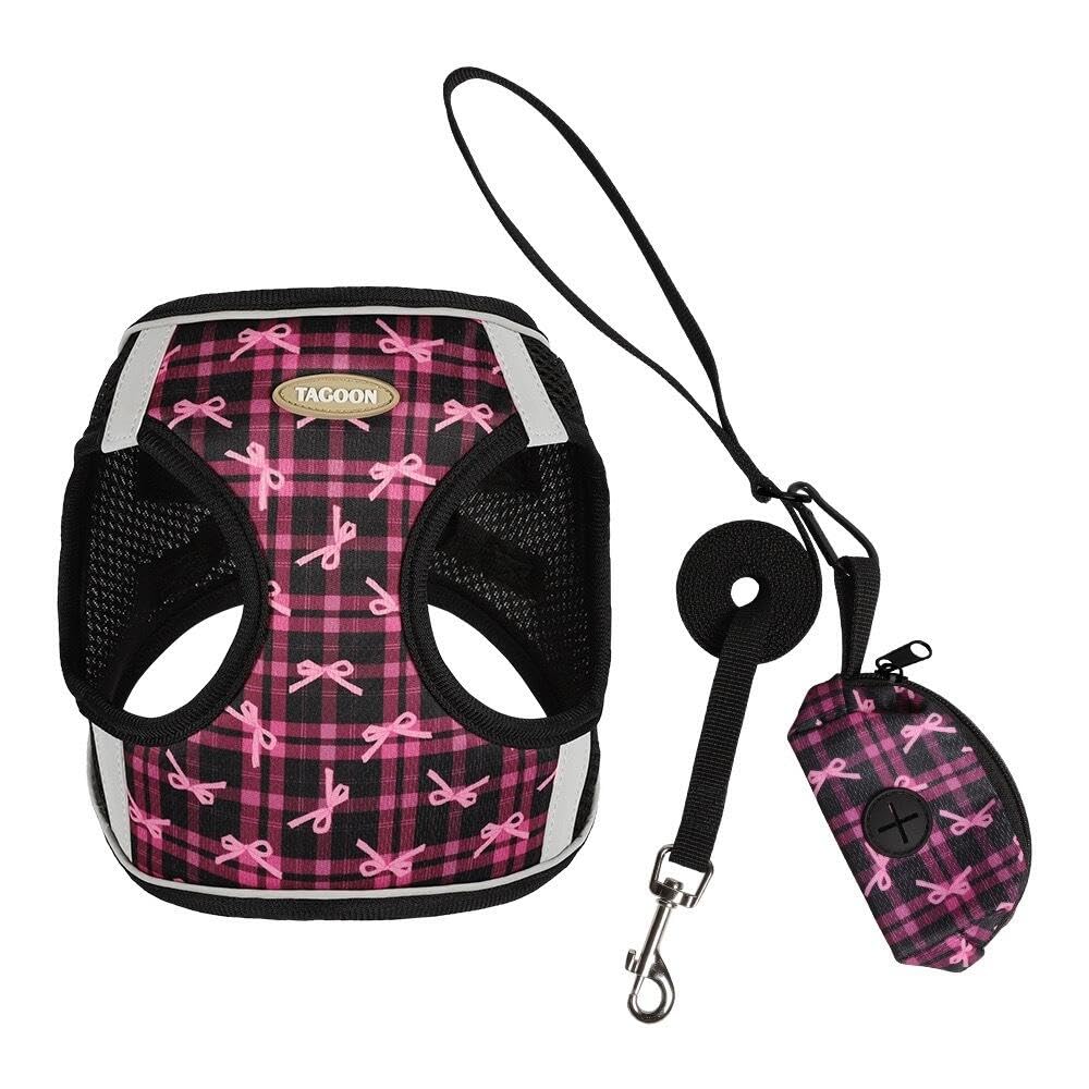 BT Bear Dog Harness Lead Set With Poo Bag Holder, Soft Breathable Dog Vest Harness for Puppy Cats Small Dogs,Black_S