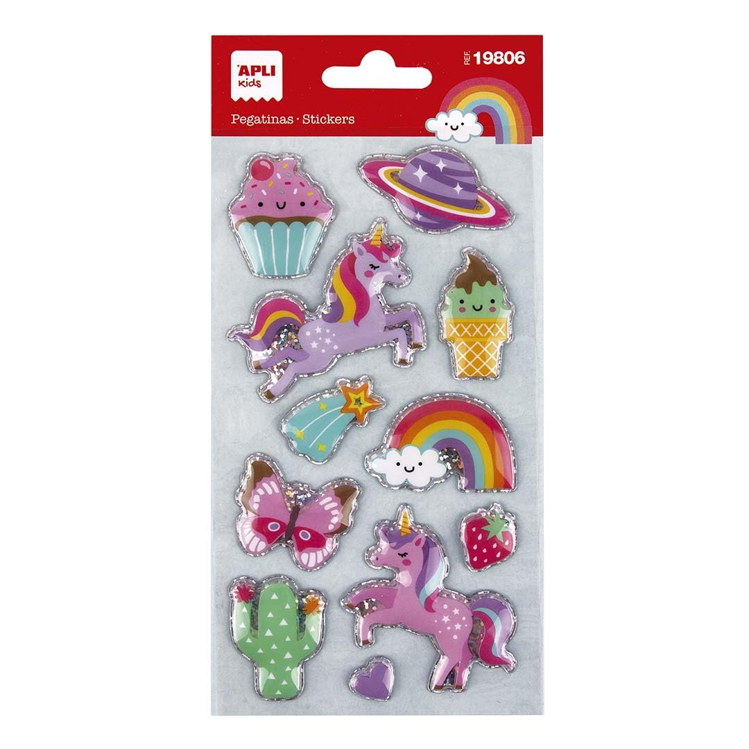 APLI Kids 19806 - Pegatinas Mundo unicornio, 1 hoja con 11 stickers. acabado puffy acolchado, Ideales para Scrapbooking, decoración o DIY