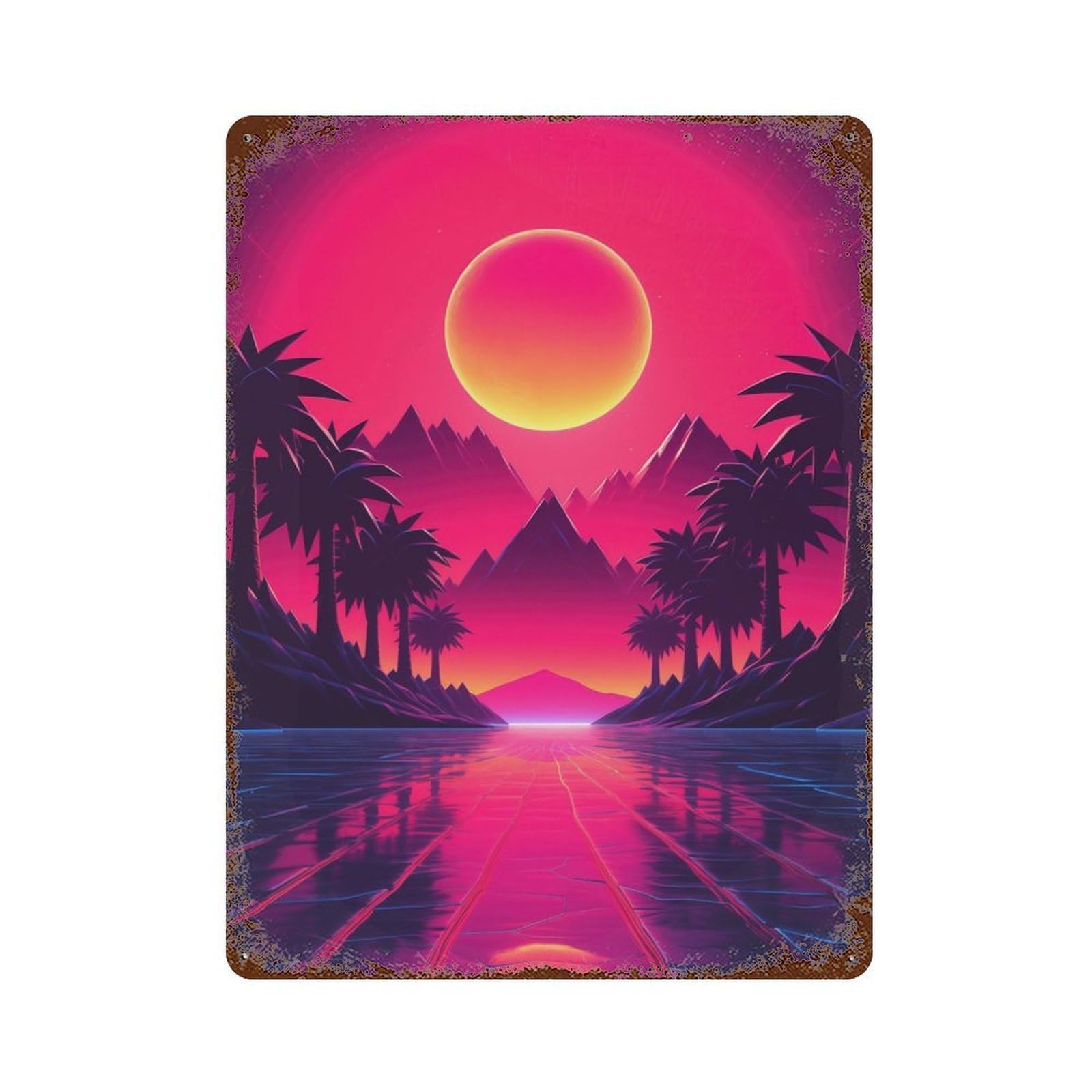 Rusty Metal Tin Sign with Synthwave Sunset Tropical Design 15.7"x11.8", for Farmhouse, Kitchen And Entryway Decor, Rustic Home Decor