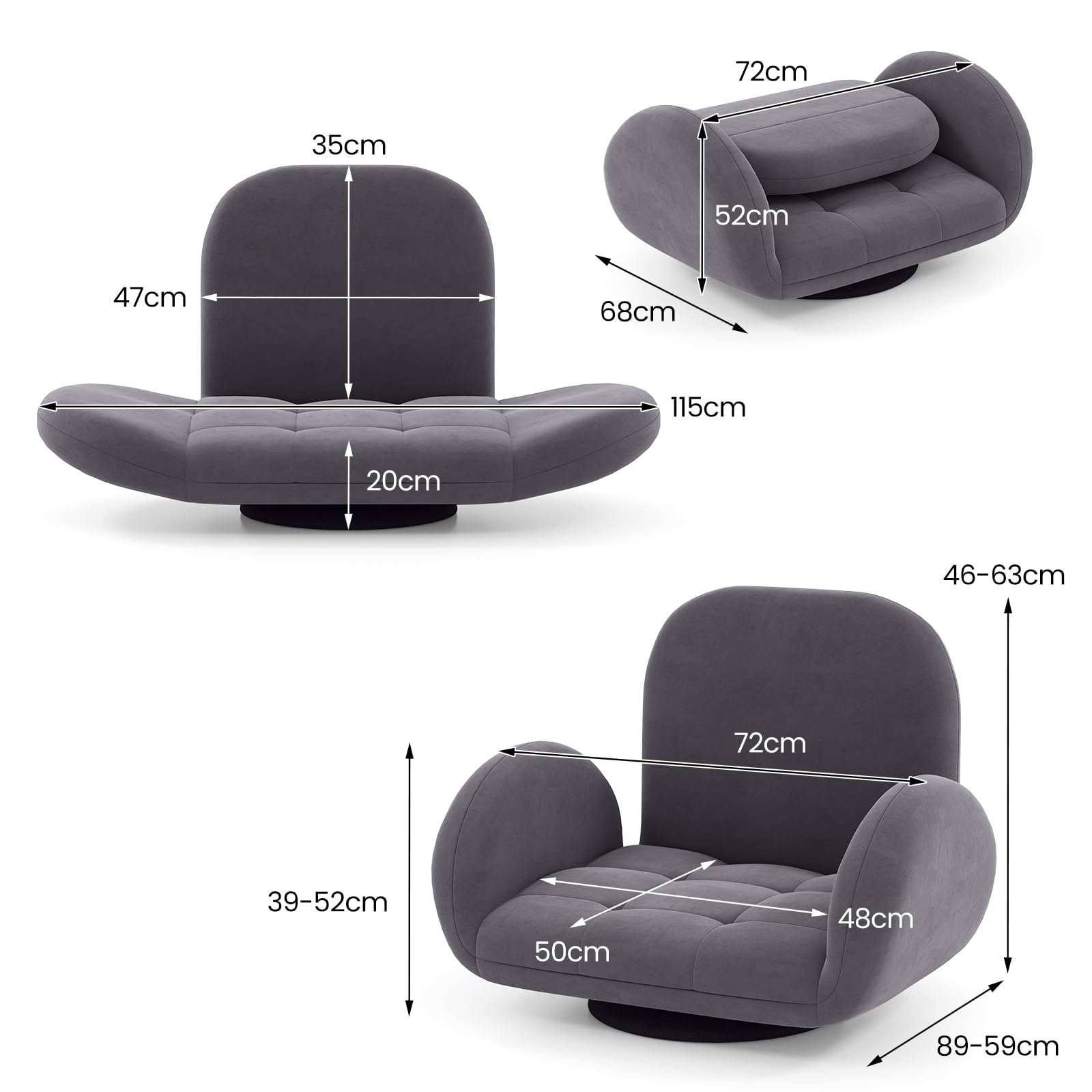 GOPLUS Chaise de Sol Pivotant, Chaise de Jeu Pliable avec Dossier Ajustable à 3 Positions et Accoudoirs Réglables à 5 Positions, Fauteuil pour Télévision, Lecture et Jeux, Gris