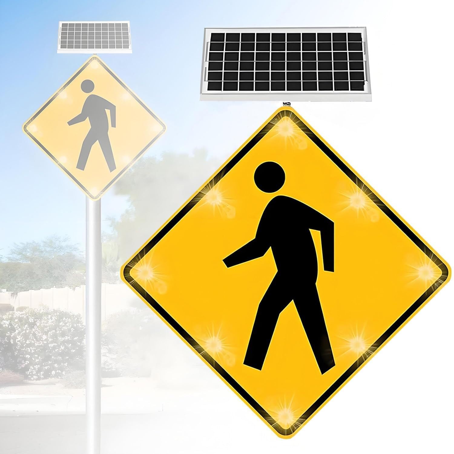 Señal de cruce de peatones LED con luz solar intermitente con película reflectante de grado de ingeniería para seguridad del tráfico y advertencia de calle