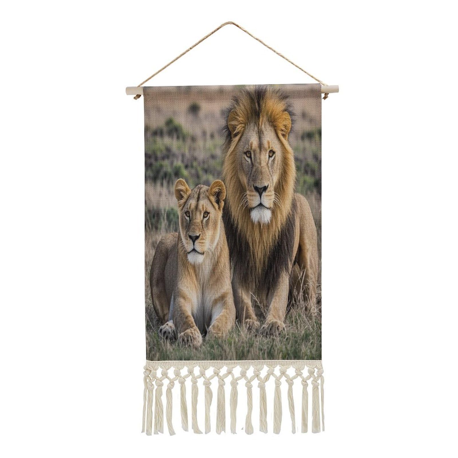 FekiLoot African Lion And Lioness Wall Art Print Decor Art Tapestry with Tassel Cotton Linen Hanging Poster Vintage Aesthetic Wall Art Poster Rustic Wall Art Decor for Home Bedroom Living Room Office