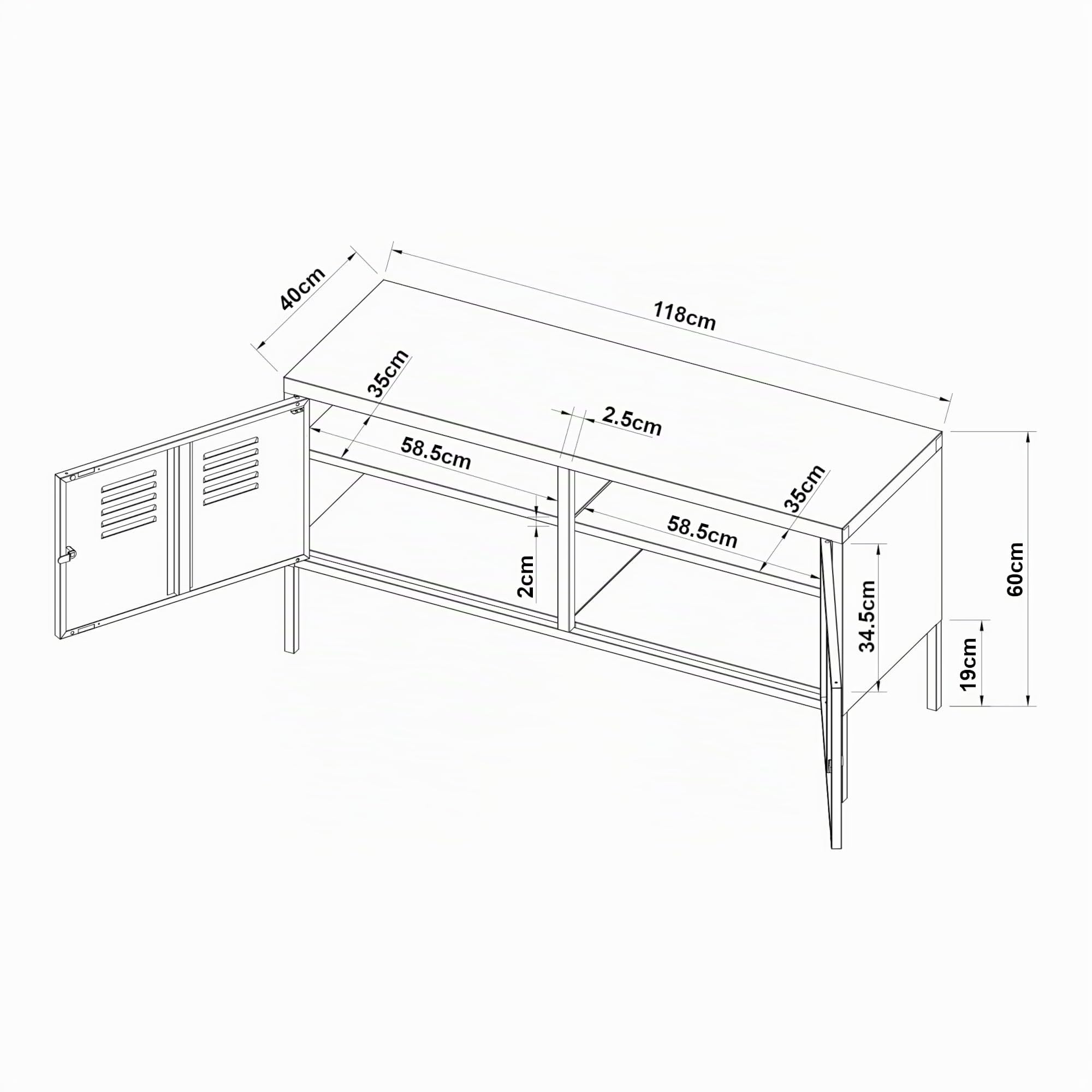 [en.casa] Armadietto in Acciaio Mobile Basso per Archivio con Scomparti Interni 2 Ante con Chiusura a Chiave Armadietto Multiuso per Ufficio Soggiorno 118 x 40 x 60 cm Nero