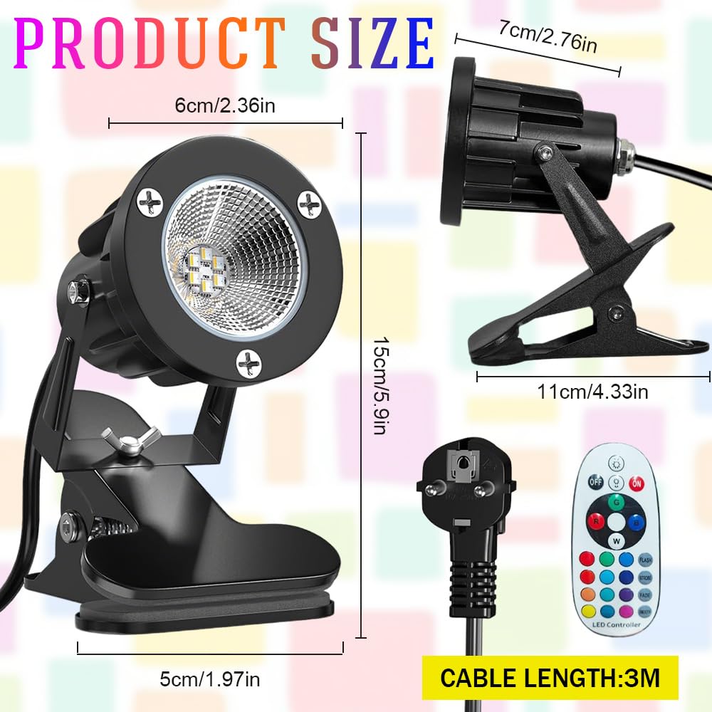 LED Foco de Pinza, 6W RGB LED Foco de Pinza, 15 Luz RGB + Luz Cálida 3000K, IP65 Resistente, Lámpara de Jardín con Enchufe de 3 m, Conector e Interruptor para Interior y Exterior, Patio Césped