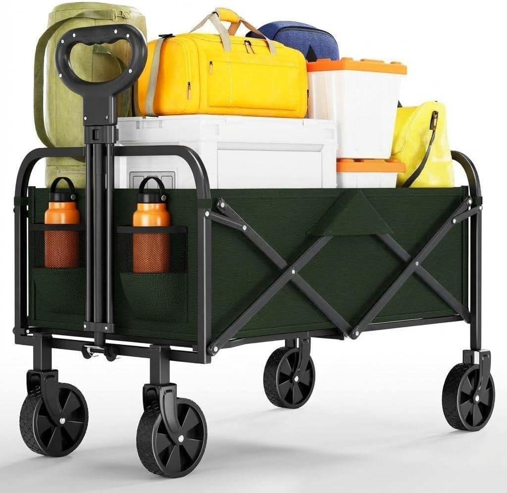 Aptliton 172kg Heavy Duty Folding Camping Trolley, 220L Collapsible Utility Wagon As Festival, Garden, Beach & Shopping Trolley on Wheels with All-Terrain Wheels, Side Pockets for Outdoor Picnic,Green