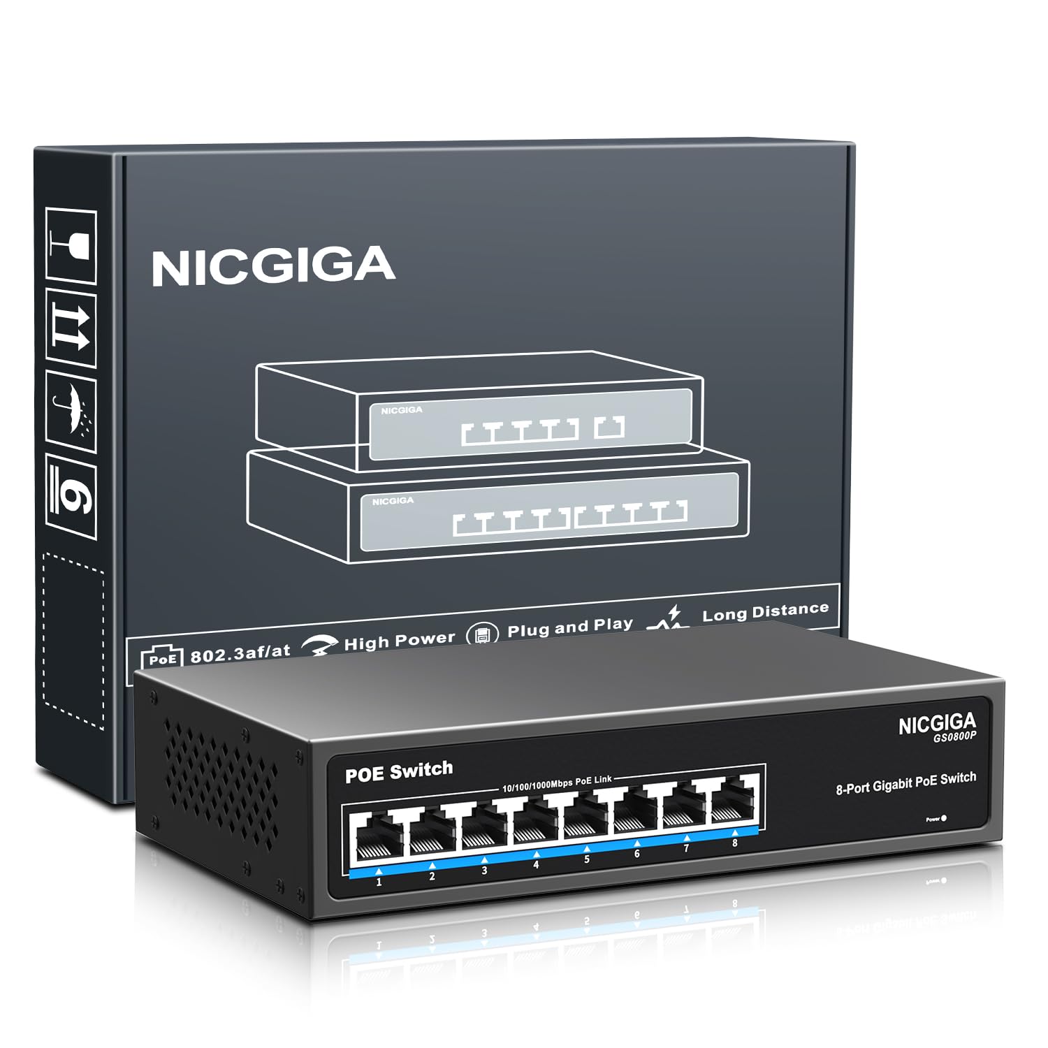 8 Port Gigabit PoE Switch Unmanaged, 8 Ports PoE+@120 W, 802.3af/at, NICGIGA 8-Port 1000 Mps Netzwerk Power Over Ethernet Switch, lüfterlos.