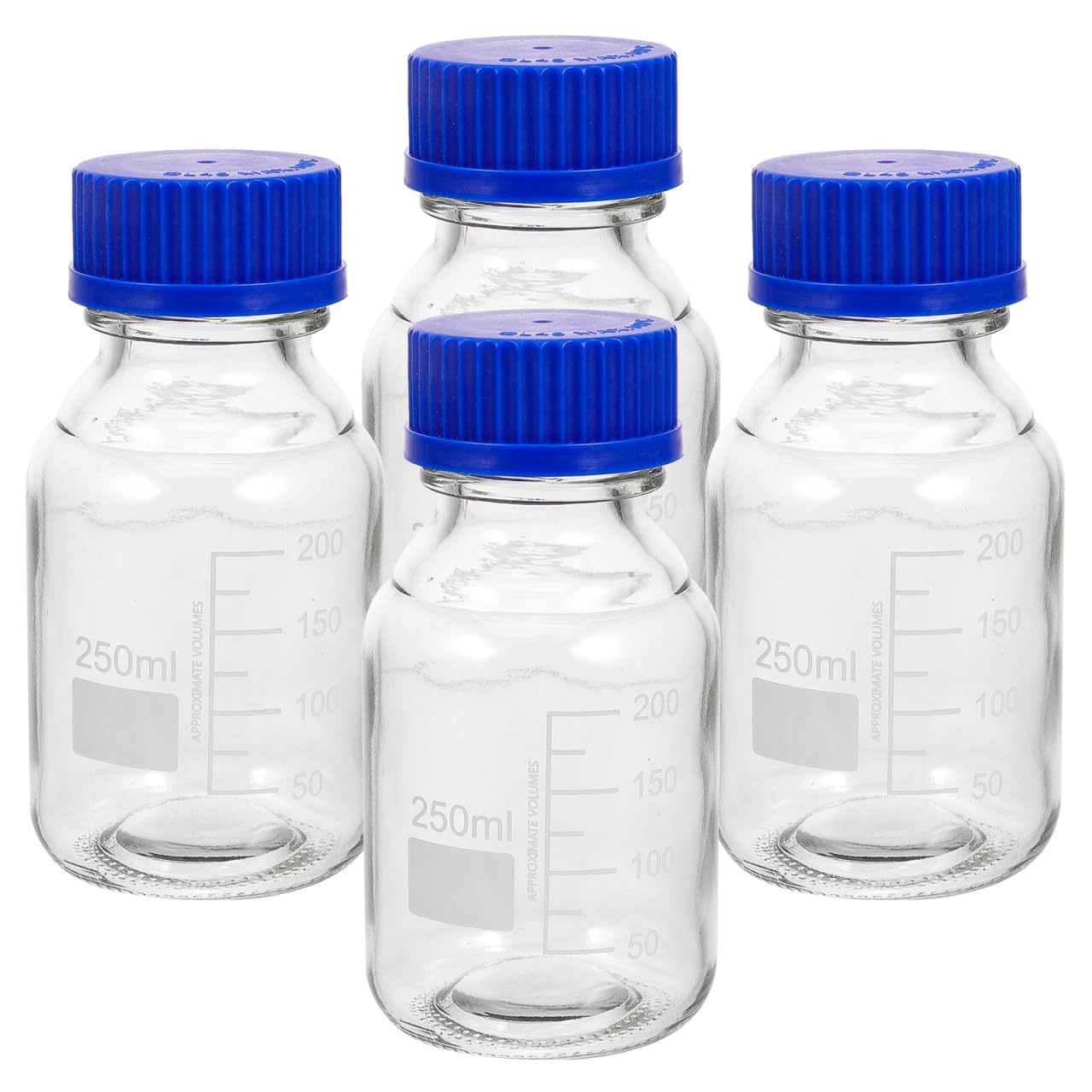 GARVALON Bottiglia di Reagente in Vetro Blu 250ml, Set 4 Pezzi | Tappi a Vite Inclusi, Design Graduato, Adatta a Istituto Chimico e Fabbrica