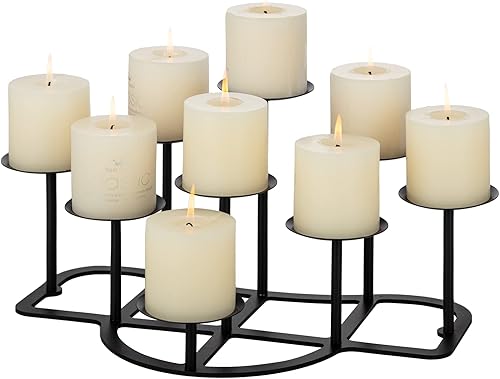 LANLONG Portavelas de chimenea, 9 candelabros para velas de pilar, soporte de vela negro, mesa de hierro, decoración de piso de manto, decoración de