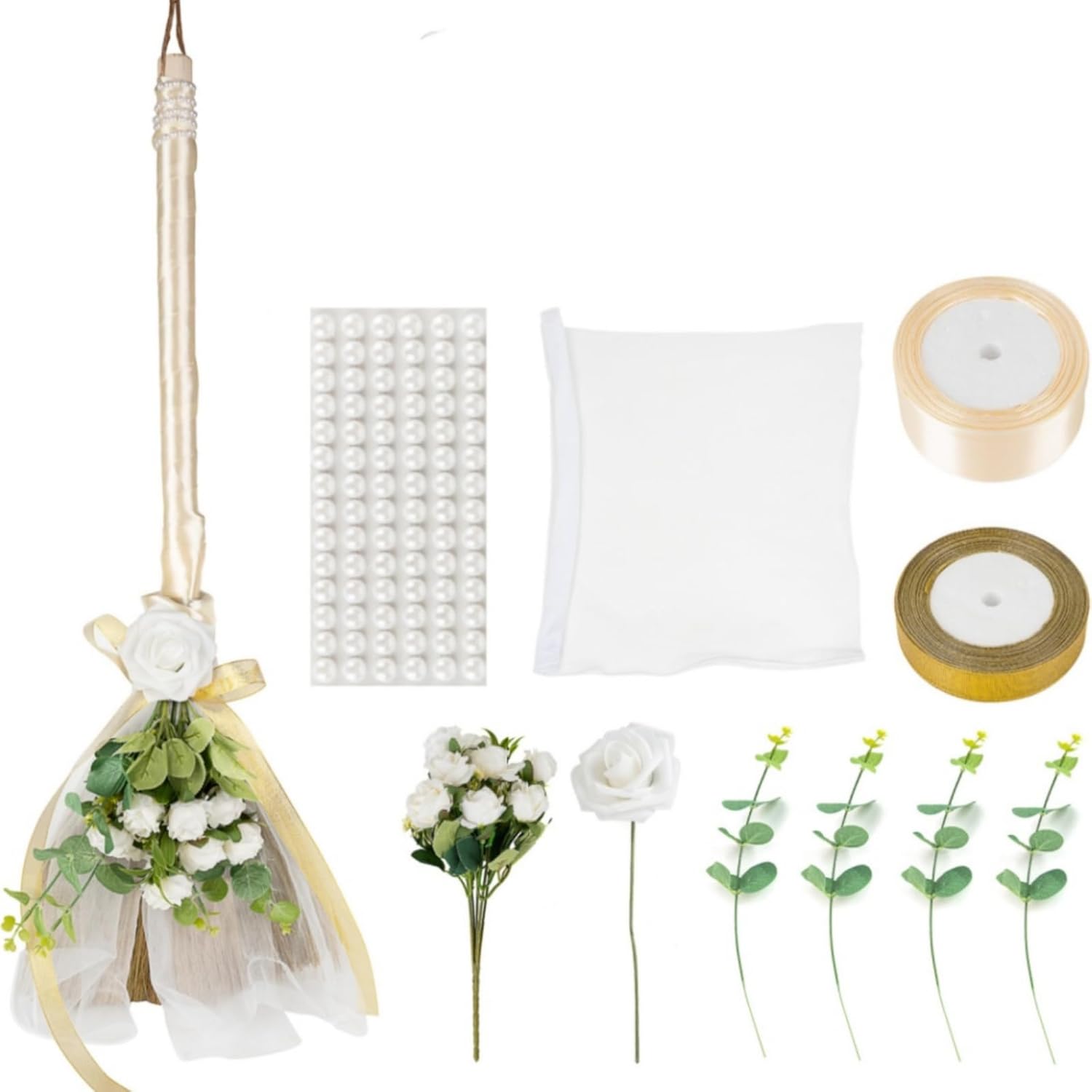Wedding Broom African Jumping Ceremony Decorative Broom DIY Wedding Decor, White Tulle Accents with Pearl Gold Ribbon Artificial Flower Bouquets