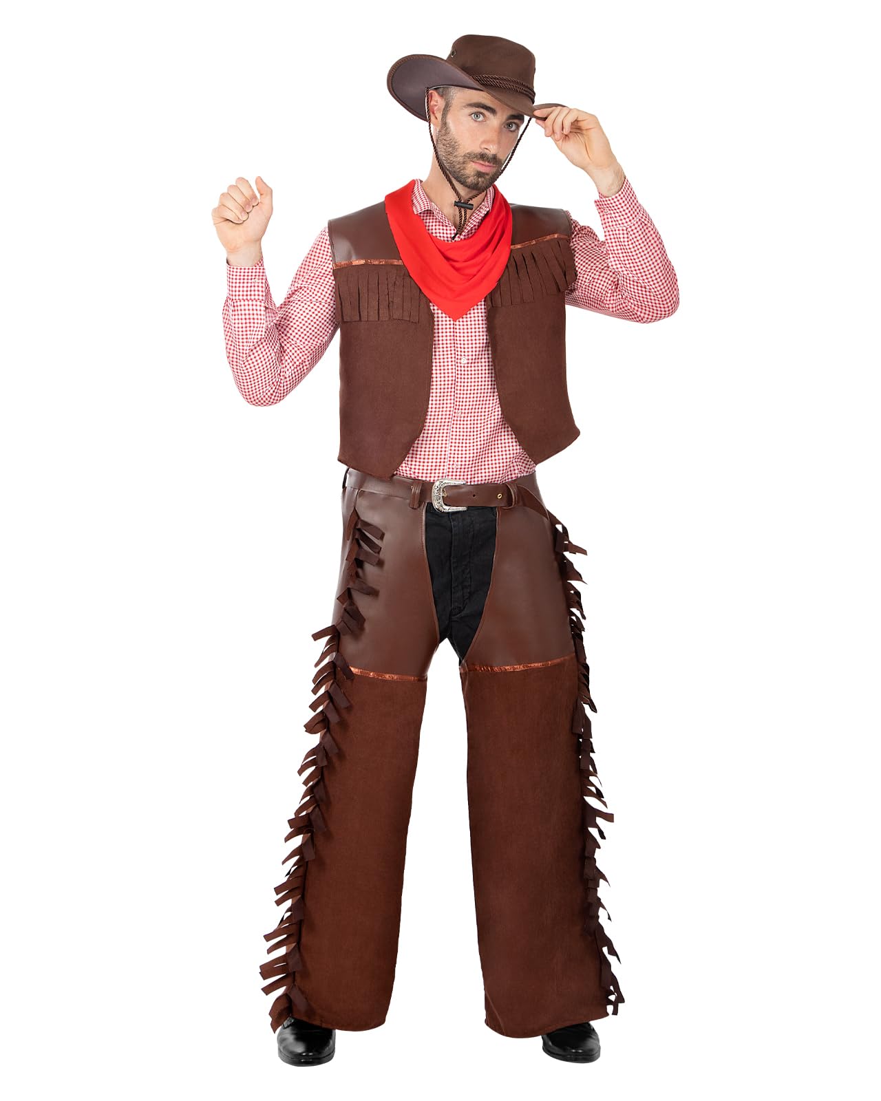 Funidelia Mens Cowboy Costume Gunslinger Jeans Indians Includes Leg Belt, Vest, Shirt, Handkerchief, Hat, Adult Suit for Party, Carnival, Halloween, M-L