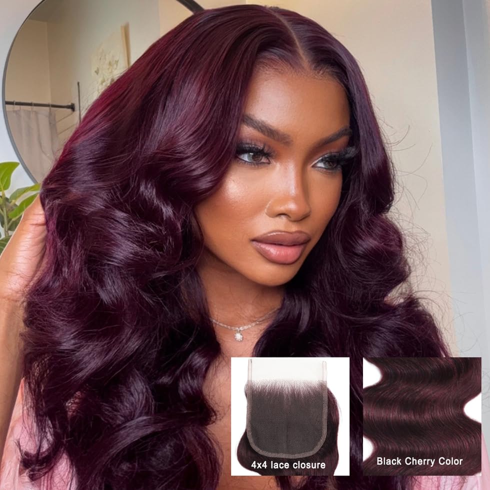 Image of UNICE 12A Body Wave Human Hair Bundles with 4x4 Lace Closure 14 14 14+14 inch 100% Brazilian Virgin Hair Weave Extensions Tangling-Free Shedding-Free Ombre Black Cherry Color