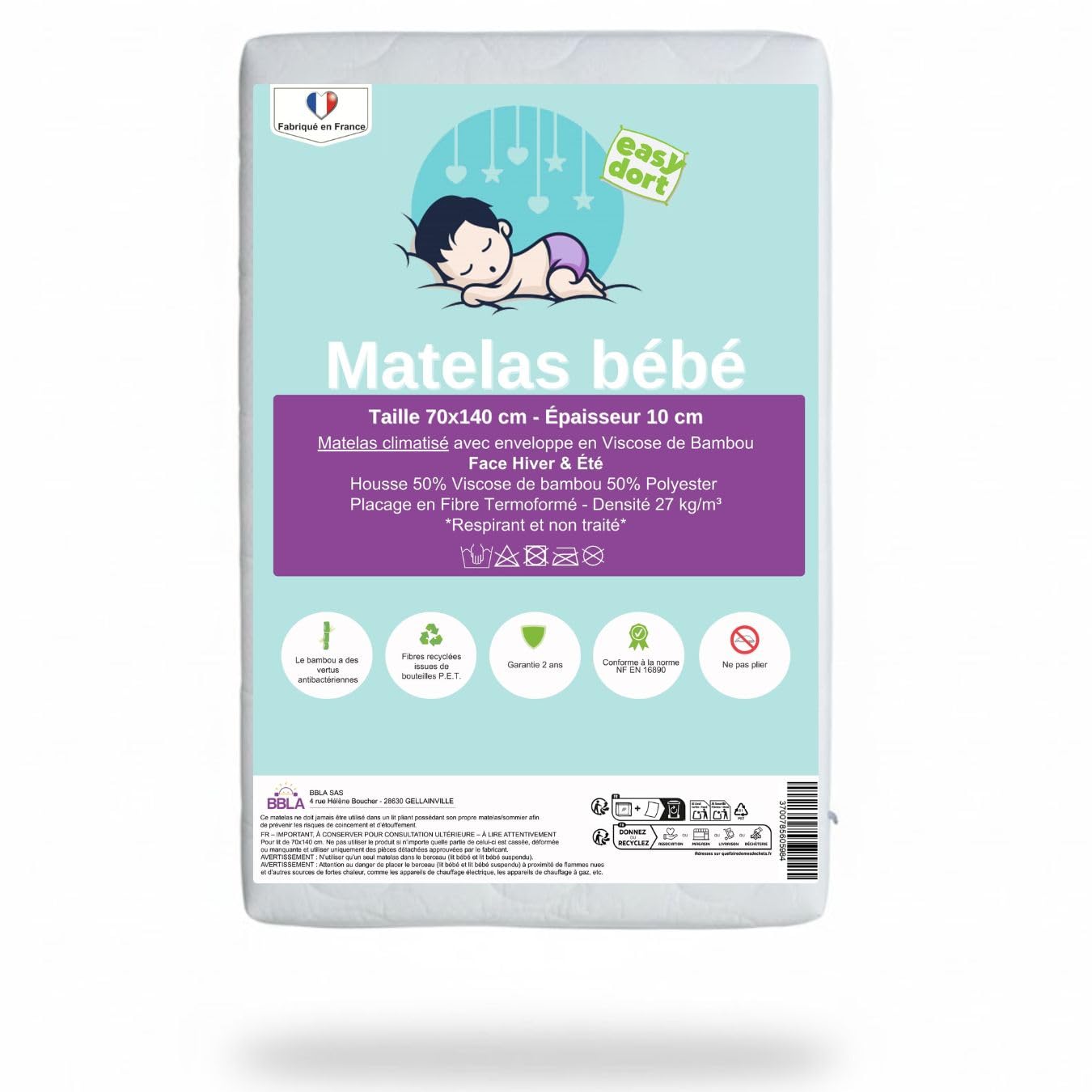 Easy Dort Materac 70x140 cm dwustronny klimatyzowany zimowy i letni, grubość 10 cm, zdejmowany, wyprodukowany we Francji