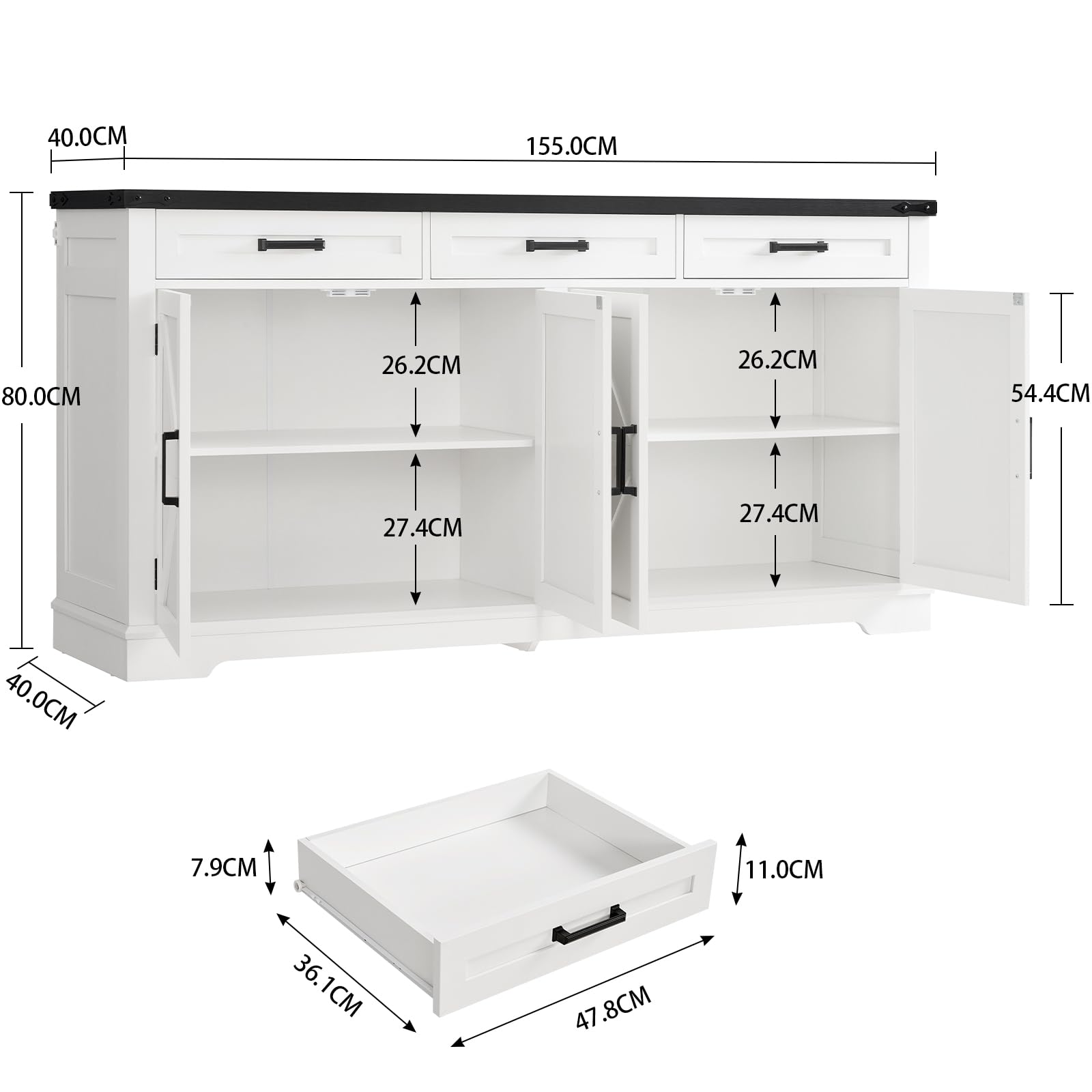 TEENFON 155 cm Aparadores para Salon con 3 Cajones, Aparador Cocina con Estantes Ajustables, Armario Cocin con Encimera para Pasillo Comedor- 155 x 40 x 80 cm - Blanco