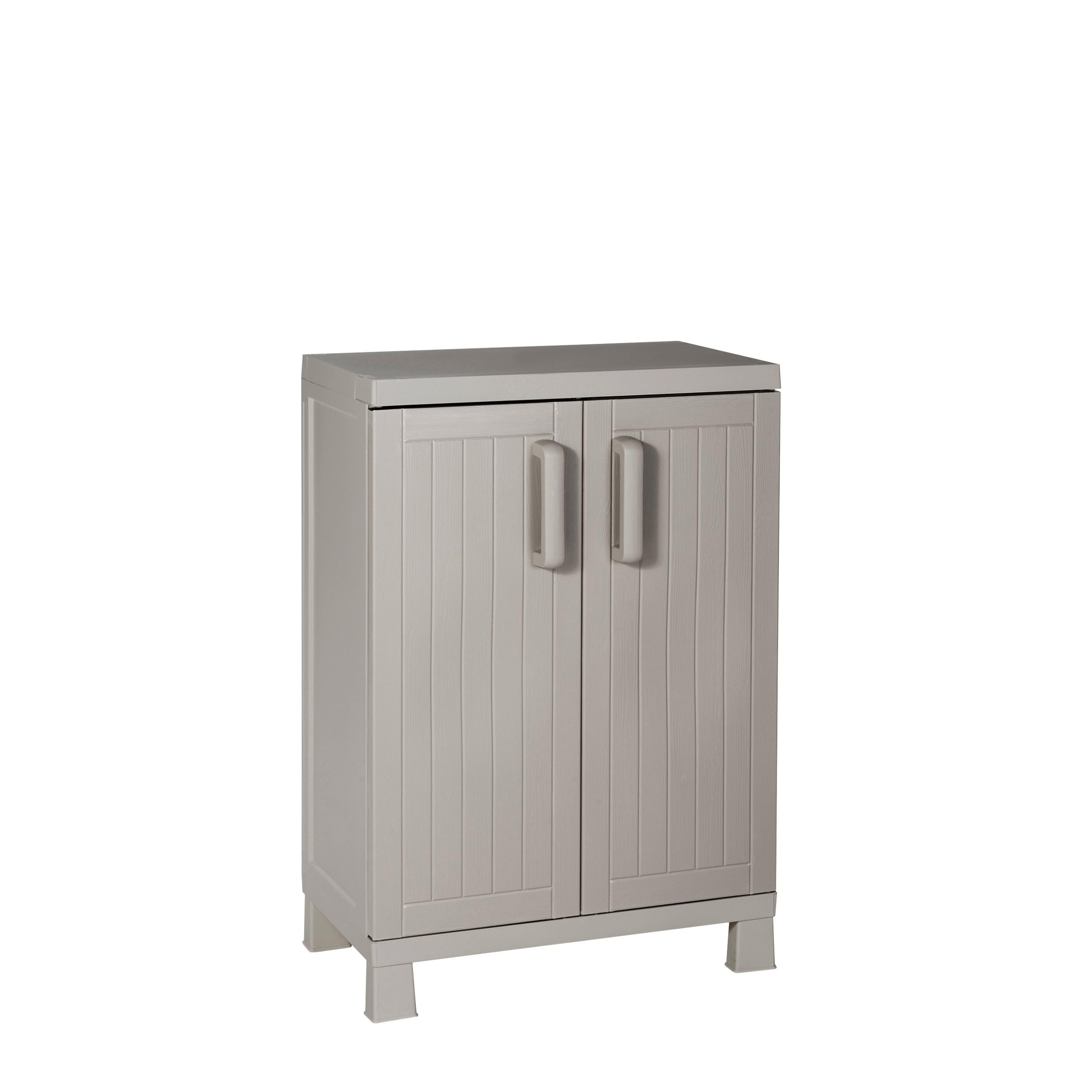 Toomax Armadio Wood Midi Basso 65x37x93h cm in plastica resistente effetto legno grigio tortora/grigio chiaro, con 2 ripiani regolabili e piedini, ideale per garage, cantine e spazi interni