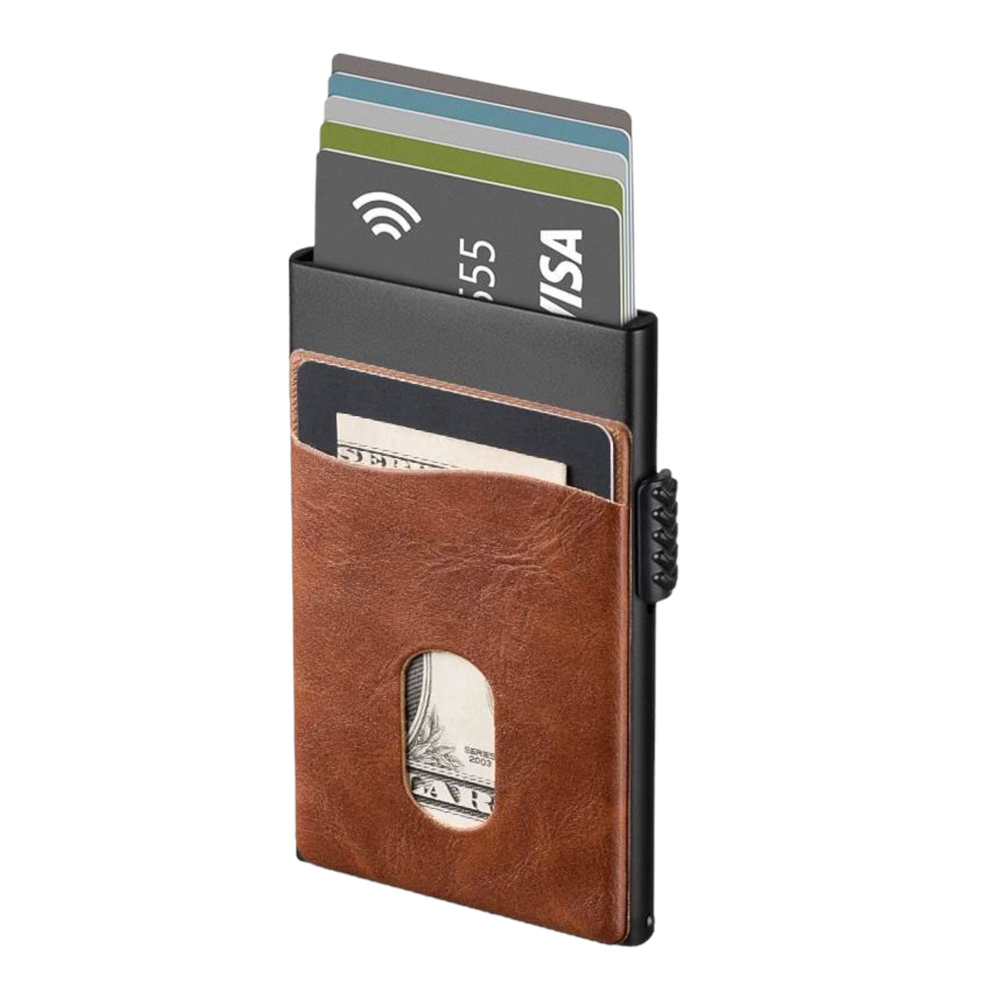 i-Fuel Credit Card Holder, RFID Blocking, Slim Metal Pop Up Card Holder with Front Leather Pocket. Wallet for Men Holds 5 Cards, 2 Colour Options - Light Brown