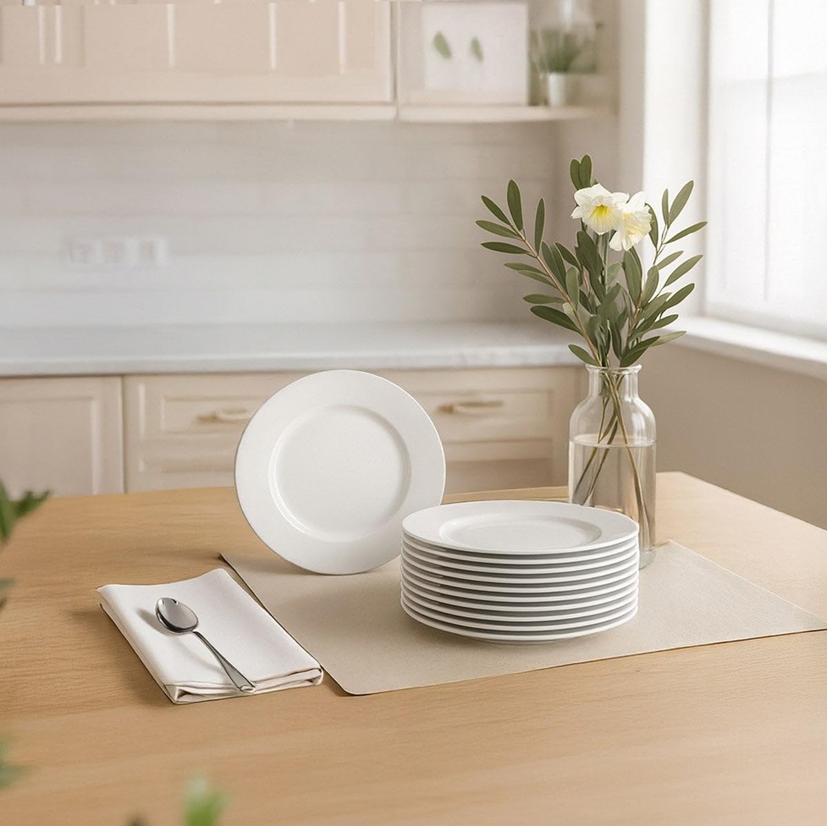 UNIMASA - Juego de 12 platos de postre redondos blancos de porcelana de 19 cm. Configura tu vajilla completa moderna para 12 personas a tu gusto
