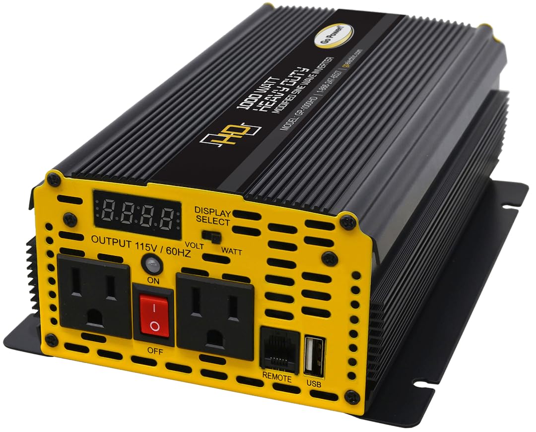 Go Power GP-1000HD 1000W Heavy-Duty Modified Sine Wave Inverter - 12V DC to 110V AC Car Power Inverter for Vehicle, Truck, RV, Camper & Marine Use with Dual AC Outlets