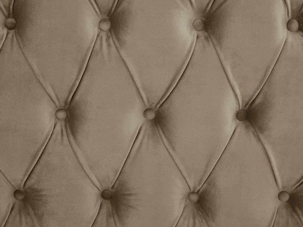 Close-up of the DULENI bed's velvet upholstery with Chesterfield tufting, showing the texture and button details.