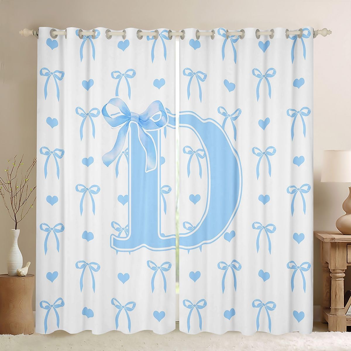 Feelyou Bow Curtains for Bedroom Living Room Blue White Bow Blackout Darkening Drapes Bowknot Window Treatments, 2 Panels 38 x 45 Inch Kawaii Room Decor Personalized Initial G