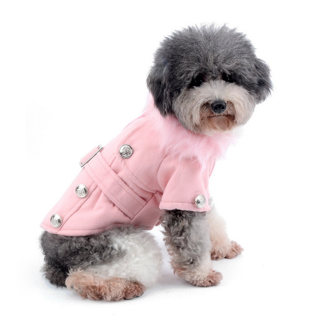 Pet Cat Dog Clothes European Woolen Faux Fur Collar Coat Small Dog Cat Pet Clothes Costume Light Grey L, Pink - Image 3