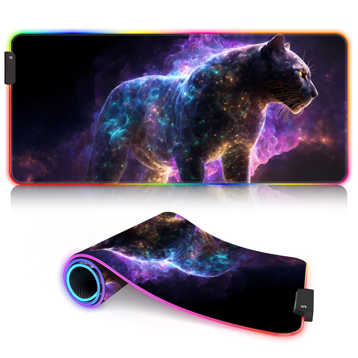 Grand Tapis de Souris de Jeu RGB XXL 14 Modes d'éclairage LED étendu pour Clavier, Tapis de Souris Souple pour Ordinateur Portable, PC, Bureau de Jeu, Animal panthère 15,7 x 35,4 Pouces