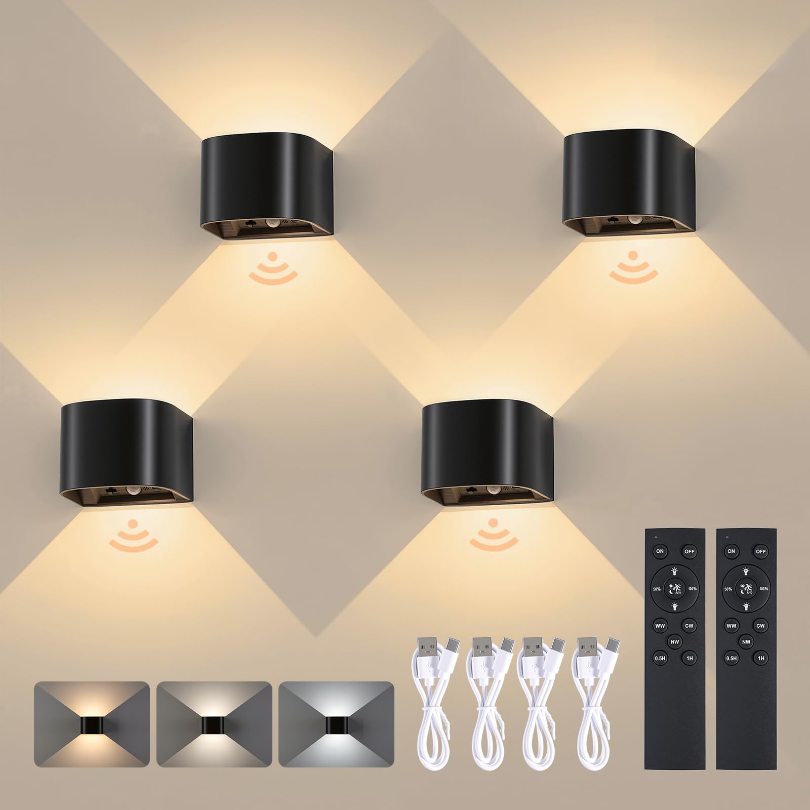 Leselux Wandleuchte Innen mit Bewegungsmelder, Ohne Stromanschluss, 4 Stück | Akku Wandlampe mit Fernbedienung, 5400mAh Aufladbar Batterie, 3 Farben 3000K /4500K/6000K Dimmbar, für Treppen Schlafzimmer
