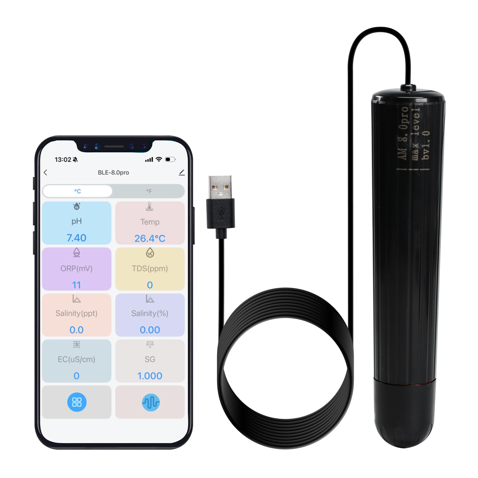Sonde Intelligente WiFi 7-en-1 pour la Qualité de l’Eau – Surveillance en Temps Réel du pH | Température | TDS | CE | Salinité | Densité (S.G) & ORP via Application en Ligne 24/7