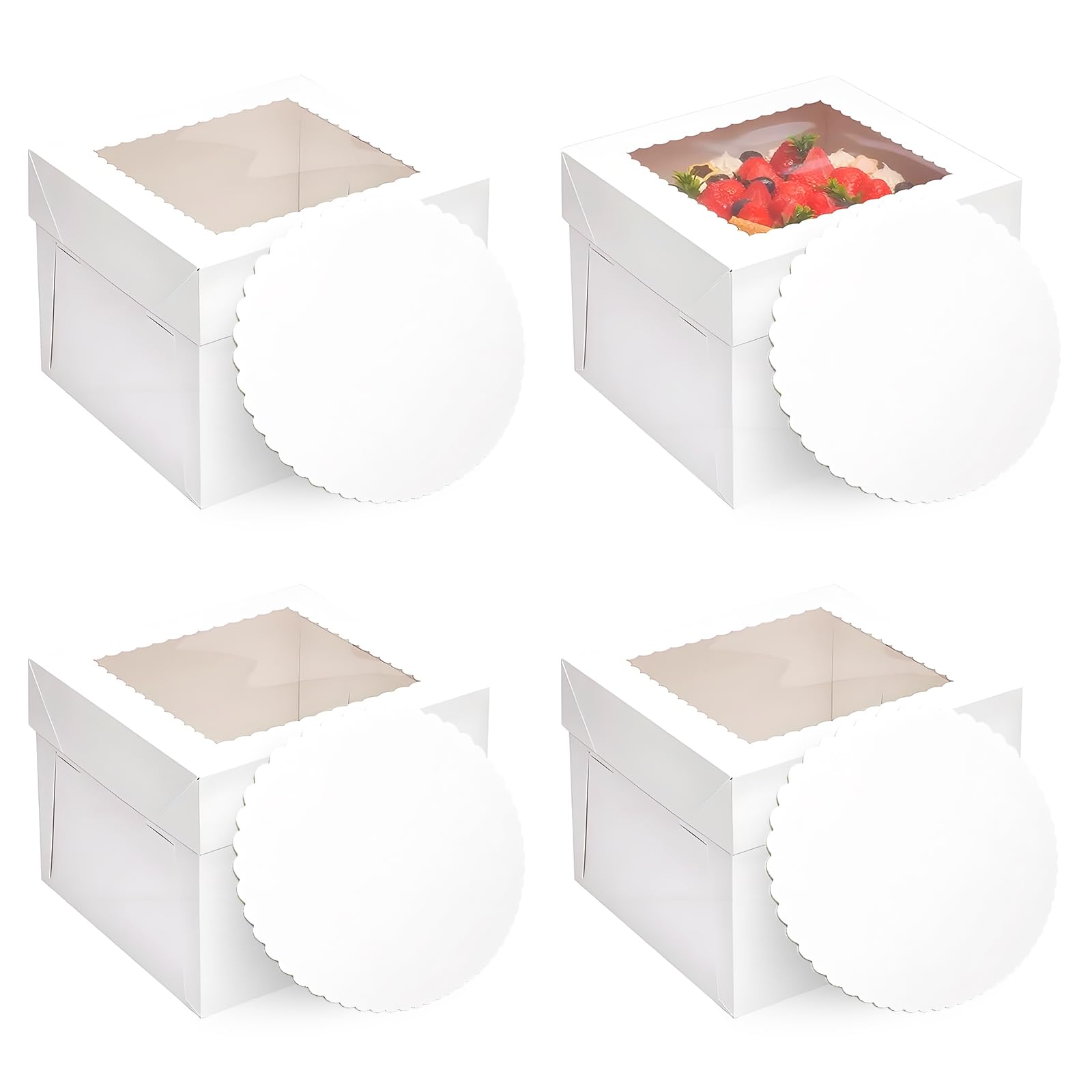4 Pcs White Cake Boxes with Window and Cake Boards, 12 Inch Cakes Box, Cakes Containers with Removable Lids, Cardboard Square Baking Boxes, for Bakery, Cookies, Dessert, Wedding, Birthday Party