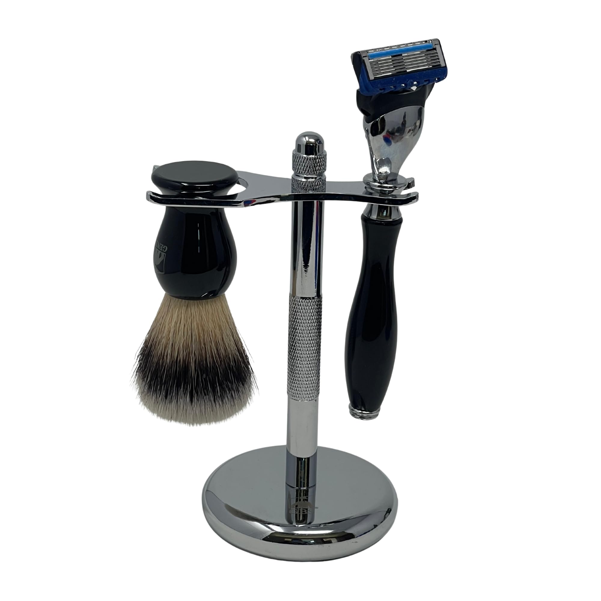 GENTS Chrome & Black Shaving Razor and Brush Set with Stand – 5 Blade Compatible Razor, Synthetic Shaving Brush, and Heavy-Duty Chrome Dual Holder for Men’s Grooming and Wet Shave Kits