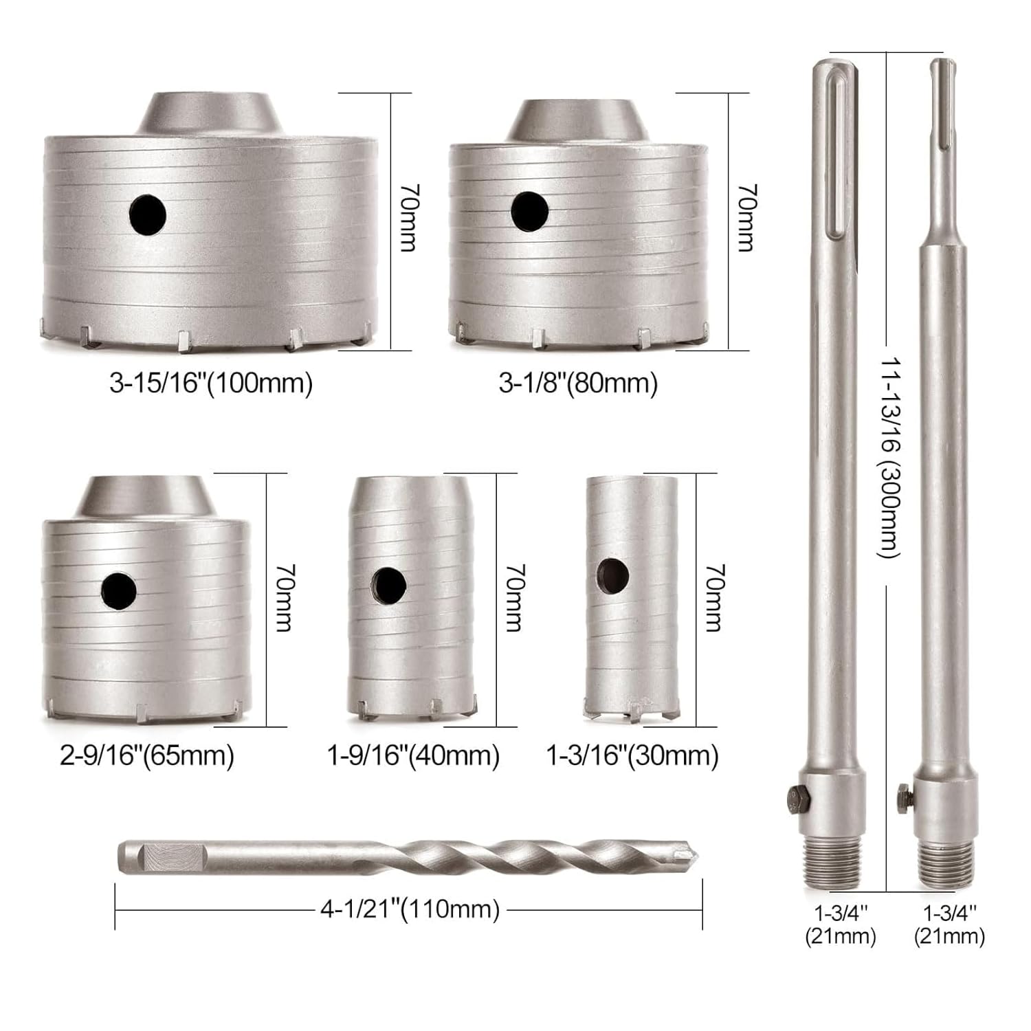 Carotatrice a Tazza per Muro Ø30/40/65/80/100mm Albero SDS Plus Da 300 Mm E SDS-Max Da 300 Mm, 9 Pezzi Carotatrice per Cemento e Calcestruzzo
