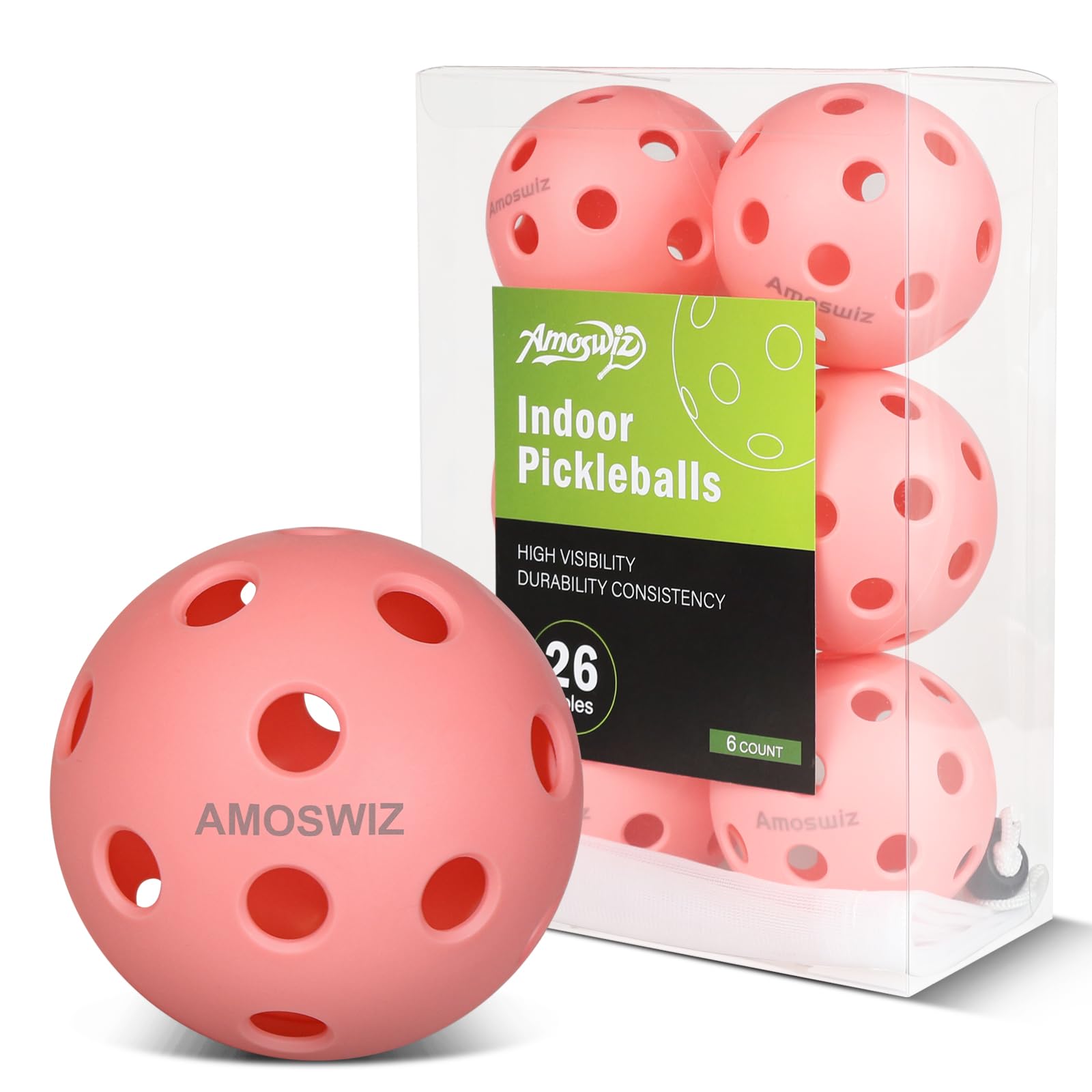Amoswiz Indoor Pickleball Balls, 6 Pack of 26 Holes Pickleballs, USAPA Approved Indoor Pickleballs Set, High Visibility Durable Pickle Balls for Training and Tournament, Pink โ image 1
