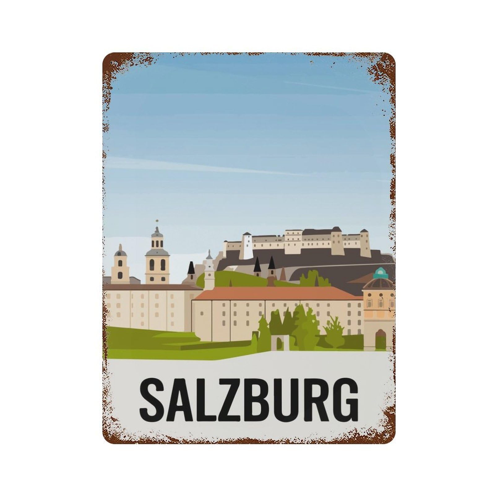 Salzburg Cityscape Rusty Metal Tin Sign 15.7"x11.8", Ideal for Farmhouse, Kitchen And Entryway Decor