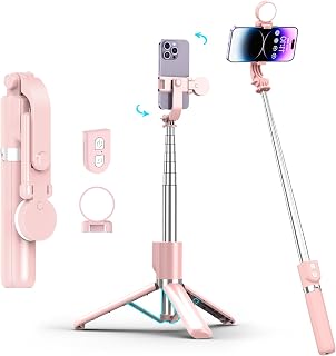 NOOX R21S Selfie Stick Tripod with Rechargeable Remote & LED Light - Extendable 117cm Pink Holder for iPhone Samsung Vlogging TikTok