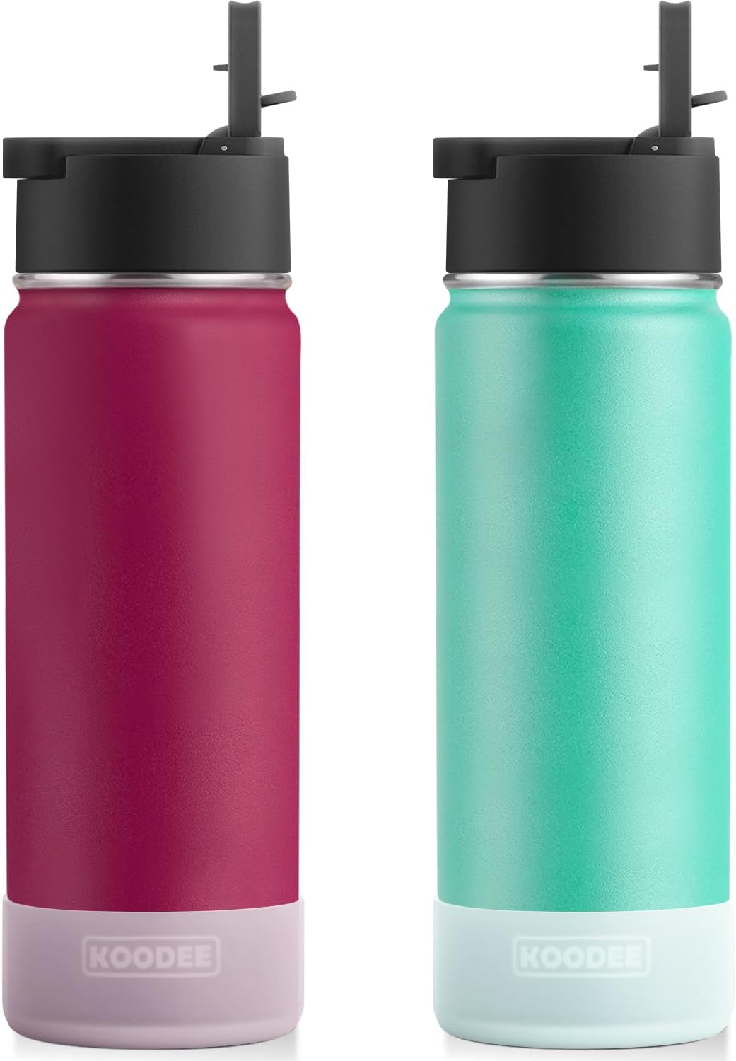 koodee 2 Pack Water Bottle 26 oz Stainless Steel Insulated Water Bottle With Straw Reusable BPA Free,Sports (Fuchsia Red-Teal)