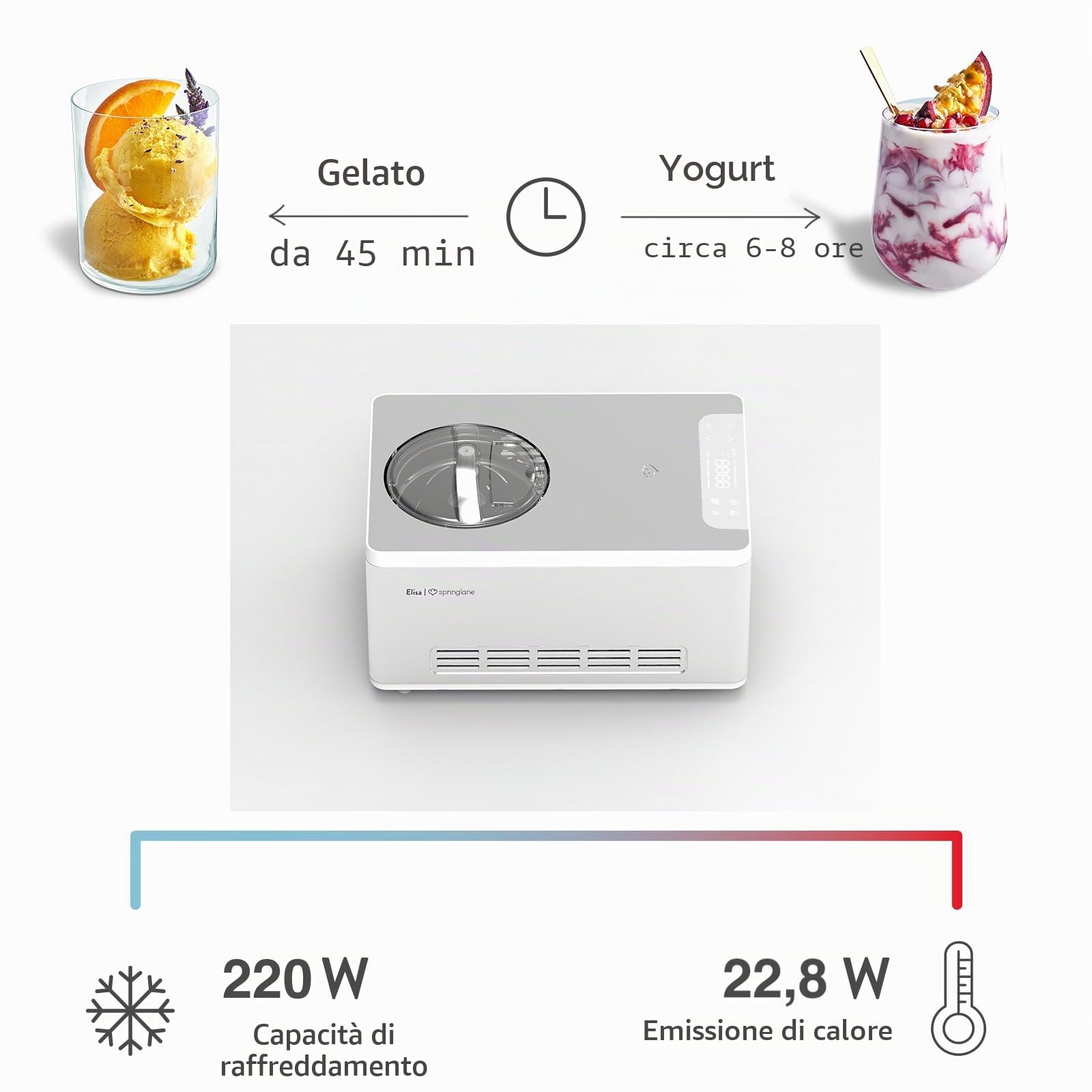 SPRINGLANE Gelatiera e yogurtiera Elisa con compressore autoraffreddante (Argento/Contenitore bianco, 180W)