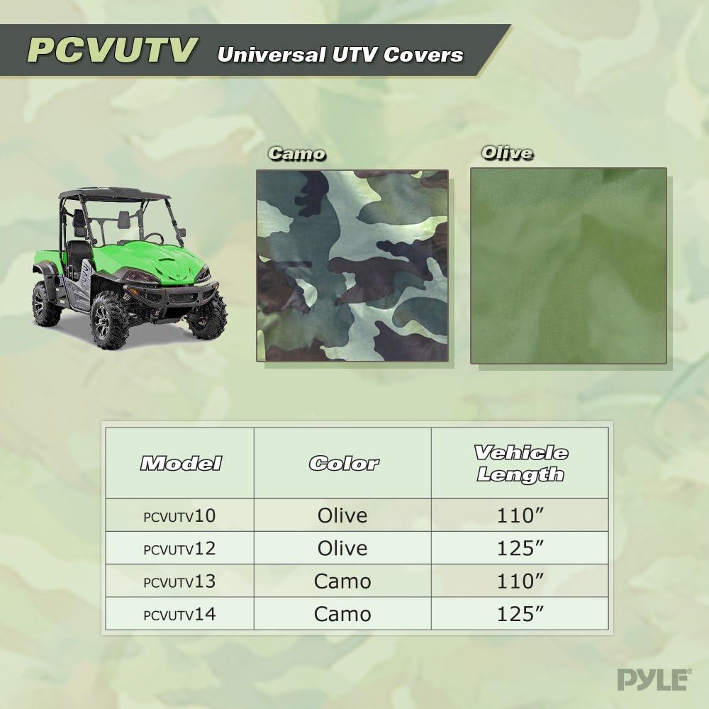 Pyle PCVUTV12 Armor Shield 4 x 4 UTV Utility Vehicle Storage Protective Indoor/Outdoor Cover, Fits Vehicles up to 125'' Long, Olive Color