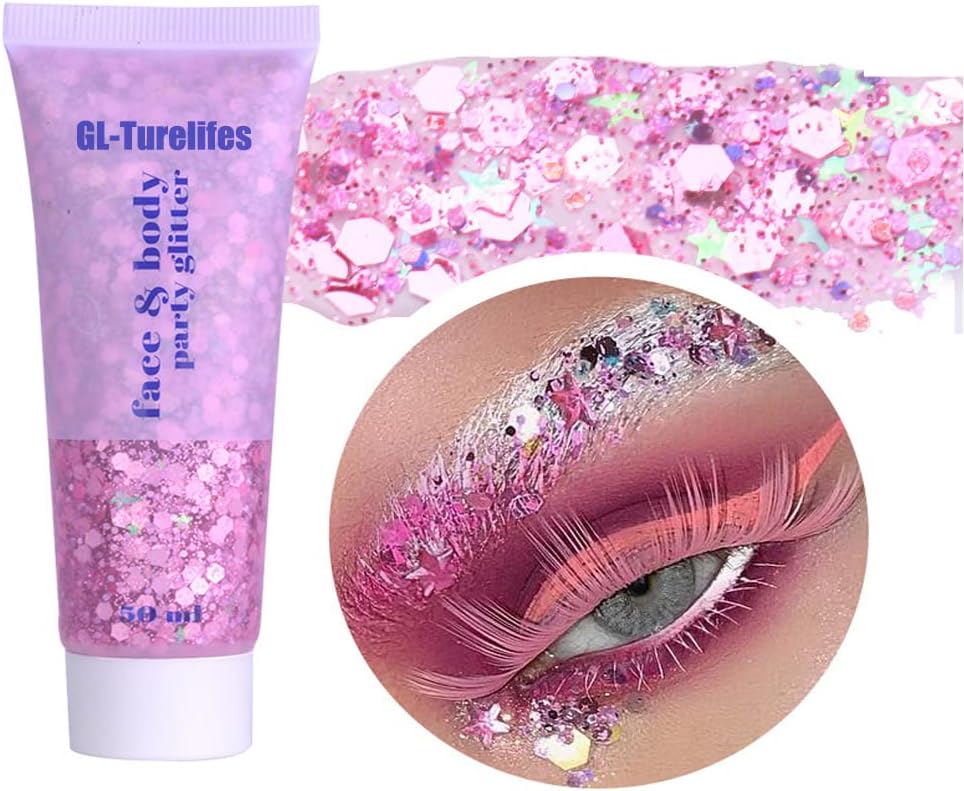 GL-Turelifes Chunky Glitter Gel Glitter Body Gel Festival Glitter Cosmetic Face Hair Nails Makeup Mermaid Sequins Liquid Eyeshadow Long Lasting Sparkling 50ml Easy to Apply