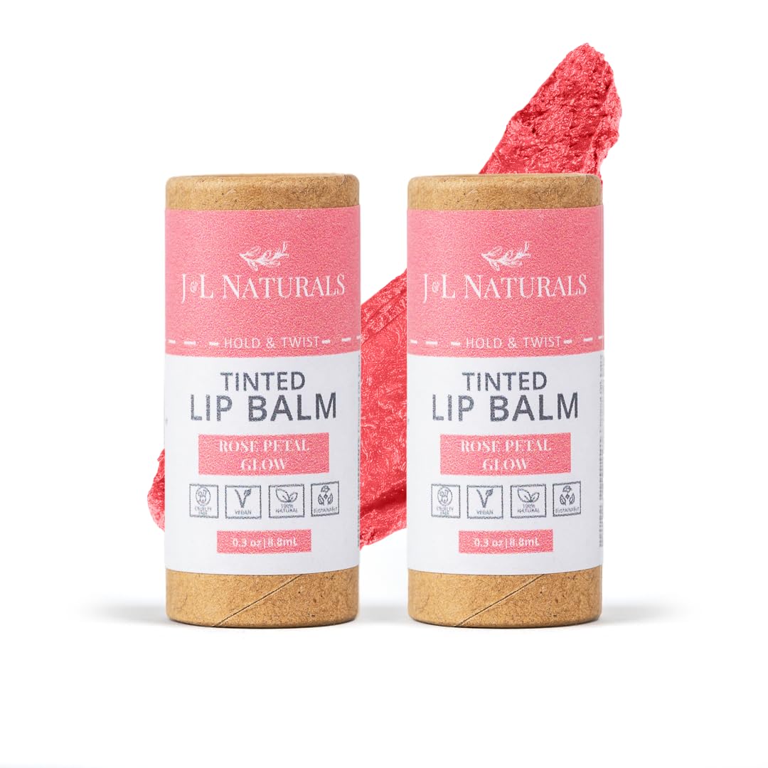 J&L Naturals Tinted Lip Balm | Vegan & Cruelty Free Lip Stain | Zero Waste Makeup | Plastic-Free, Hydrating & Moisturizing Lip Tint | Made in US (Duo (2-Pack), Rose Petal Glow) Duo (2-Pack) Rose Petal Glow