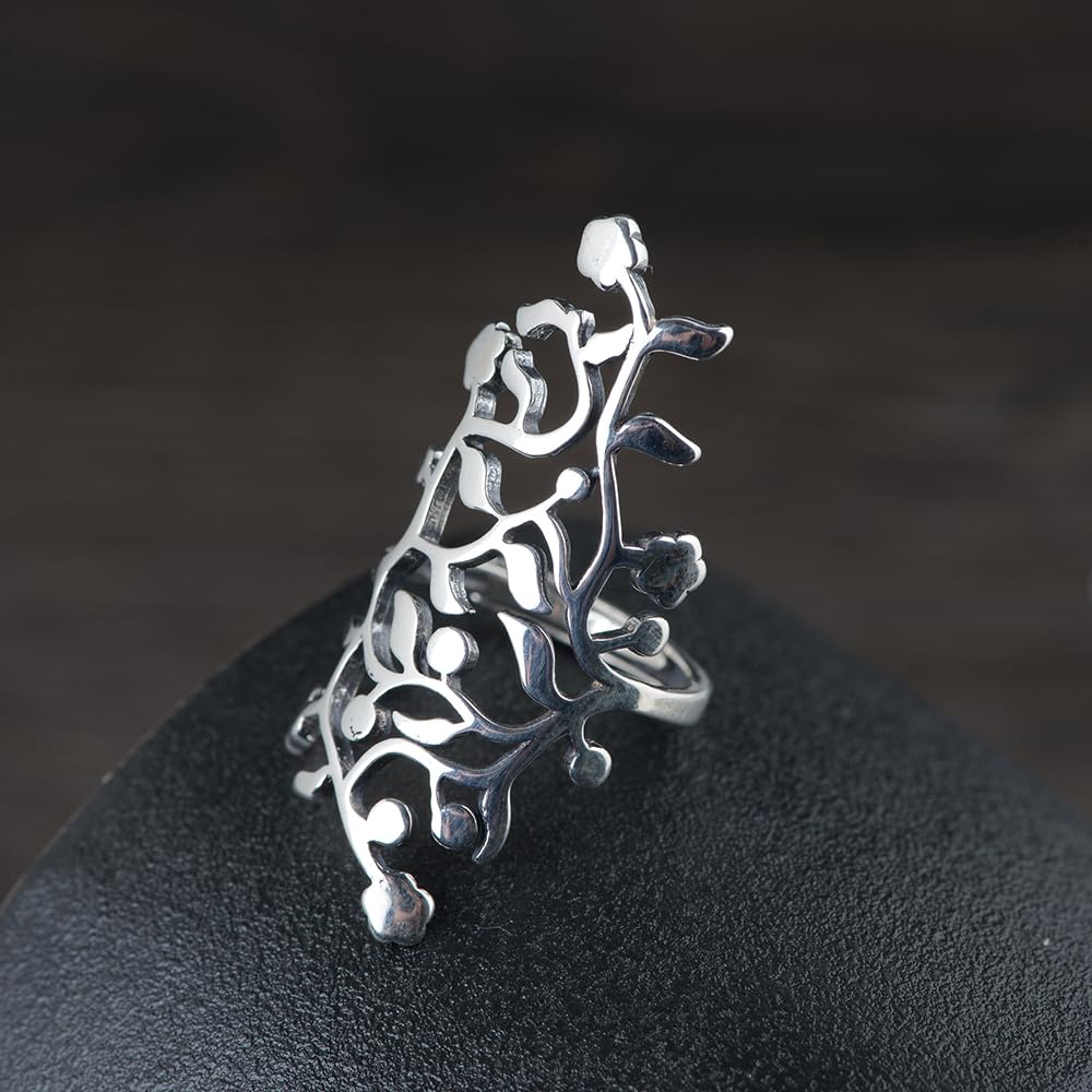 ForFox Anillo grande de hojas de árbol de plata de ley 925 para mujeres y niñas abierto y ajustable