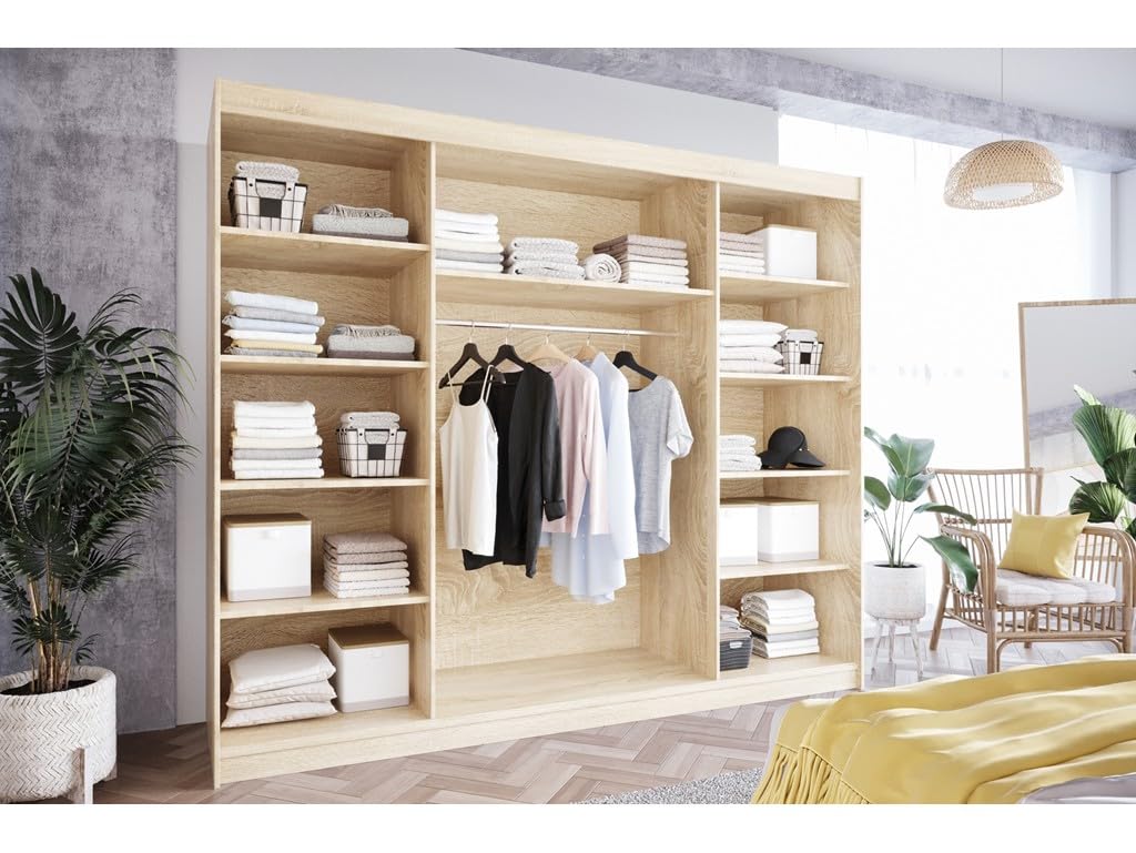 L5 250 cm Sonoma Schiebetüren Kleiderschrank 250x215x58 cm mit Spiegel - Schlafzimmermöbel, Aufbewahrung - Mehrzweckschrank