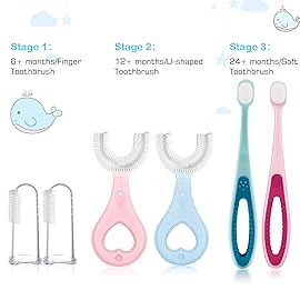 Frerdui 6 in 1 Baby Training Toothbrush Set - Infant to Toddler Toothbrush Oral Care Silicone Toothbrush for Baby - Food Grade Silicone,Extra Soft Bristles,Perfect for 6+,12+,24+ Months