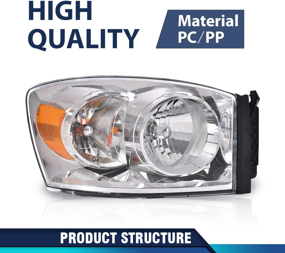 PIT66 Headlights Assembly w/Bulbs LH&RH Compatible with Dodge Ram 1500 2006 2007 2008/Fit Dodge Ram 2500 3500 Truck 2006-2009 Halogen Headlamp Replacement Clear Lens Chrome Housing Amber Reflector