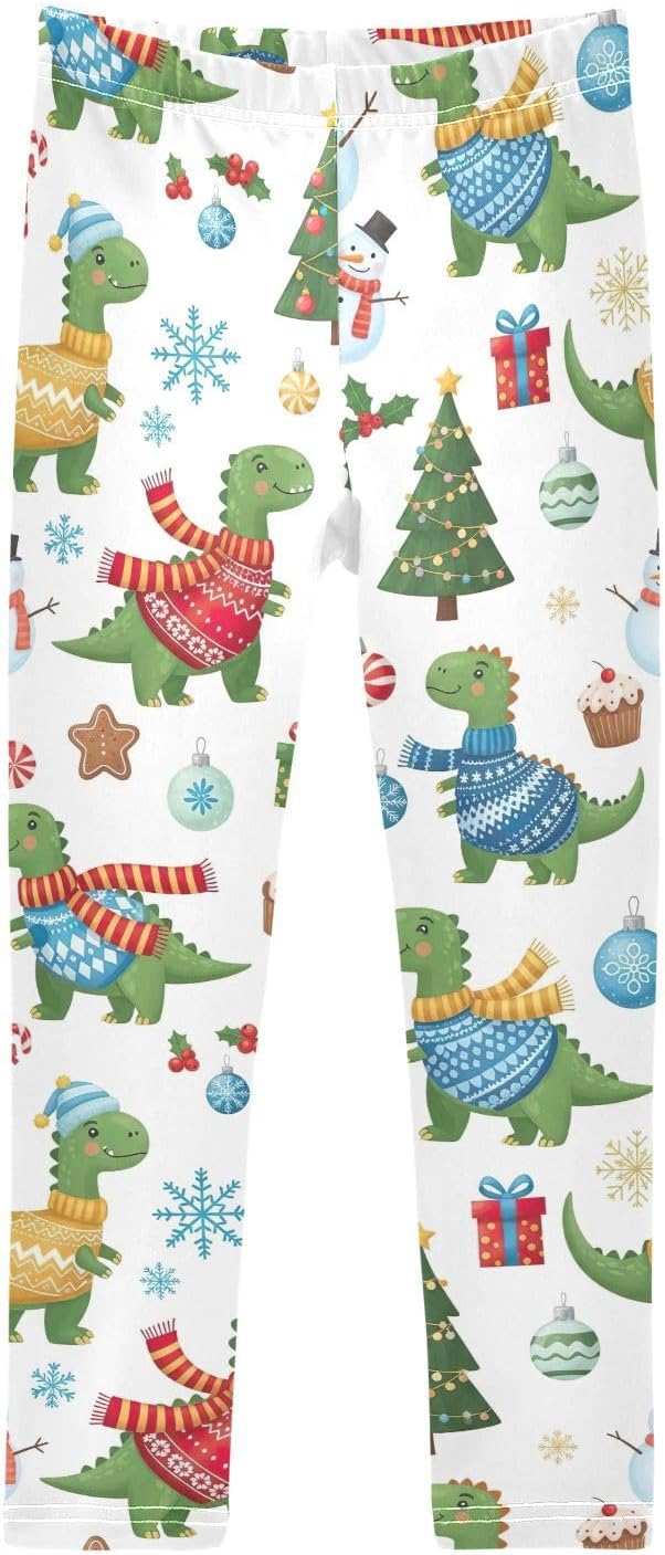 GAIREG Full-Length Girls Leggings Christmas Dinosaurs White