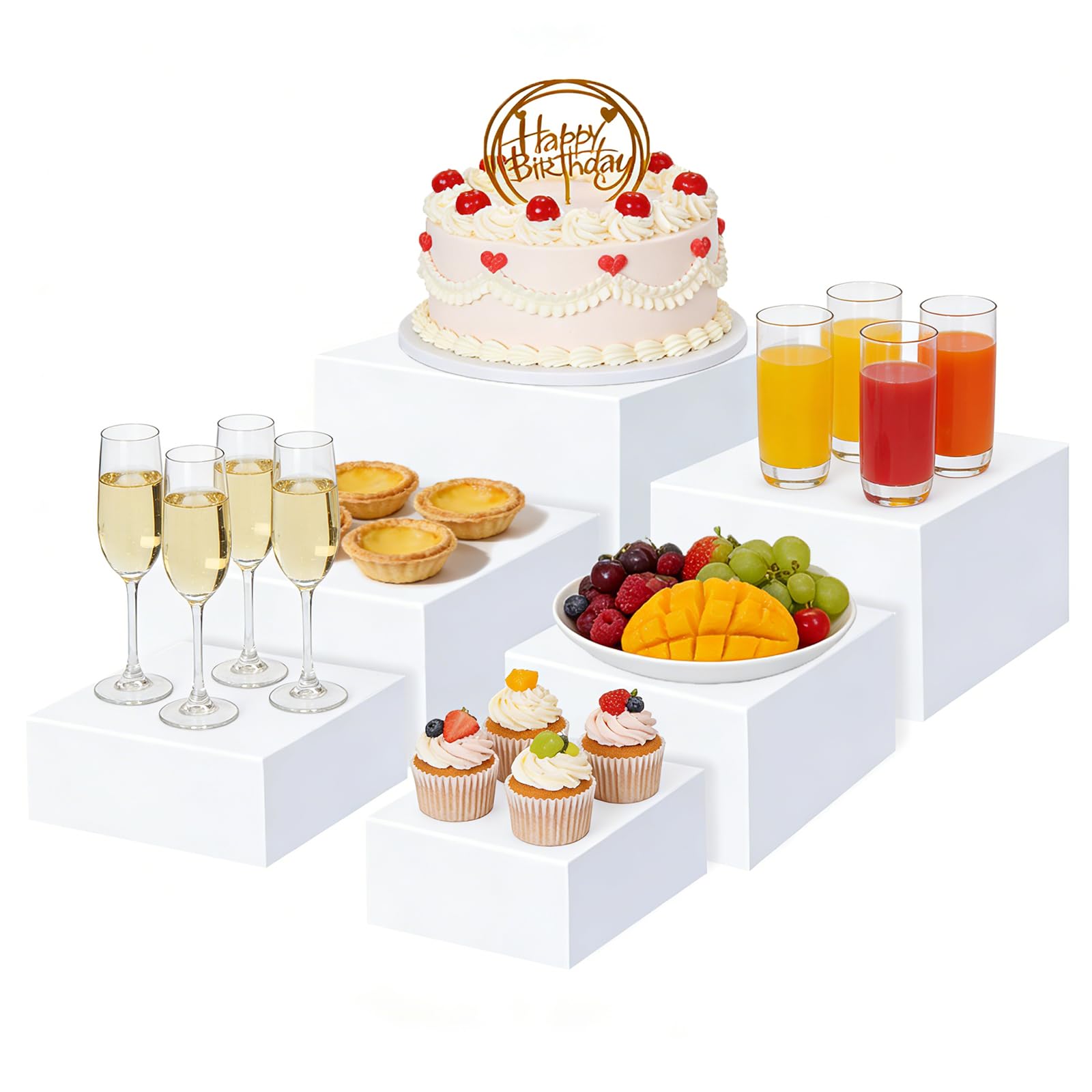 Buffet Risers, 6Pcs 5x6x6.8x7x7.5x8 Inch Acrylic Food Risers, White Cube Dessert Stand With Hollow Bottoms, Stackable Cube Boxes Display, Dessert Table Display Set for Jewelry, Collectibles, Cake Show