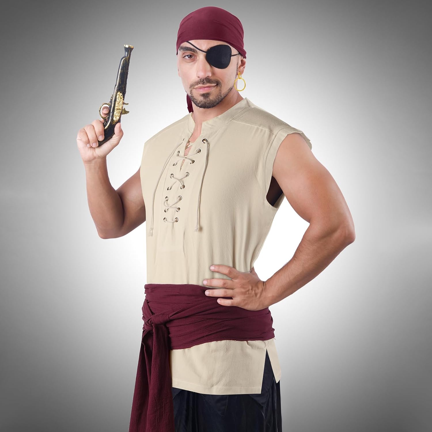 Boyiee 5 Pcs Men Pirate Costume Set for Women Adult Medieval Renaissance Shirt Bandana Sash Belt for Halloween Cosplay Party - Image 4