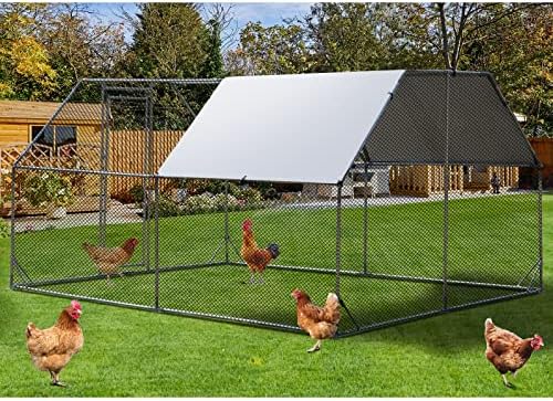 Large Metal Chicken Coop Walk-in Poultry Cage Hen Run House Rabbits Habitat Cage Flat Roofed Cage with Waterproof and Anti-Ultraviolet Cover for Outdoor Backyard Farm Use